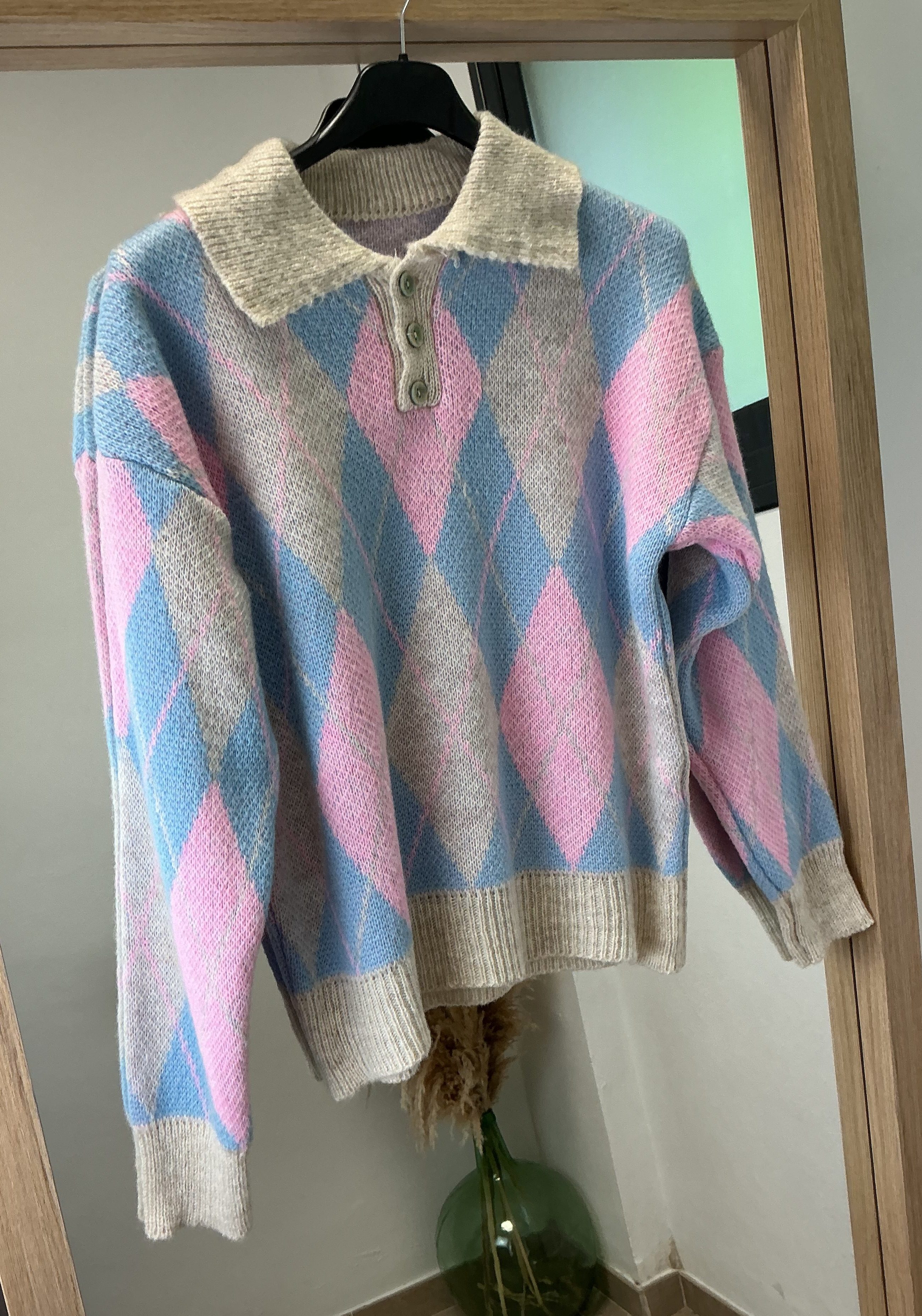 Jersey rombo con cuello I Rosa y Beige
