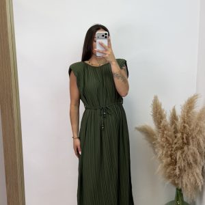 Vestido plisado hombreras - Verde militar