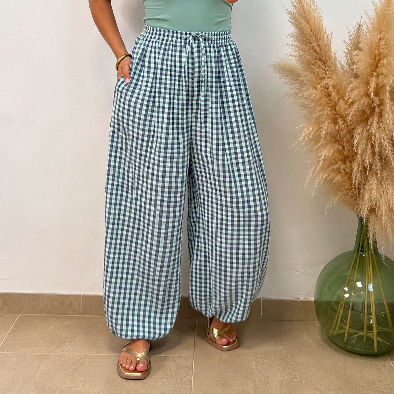 Pantalón globo vichi - azul marino y verde agua