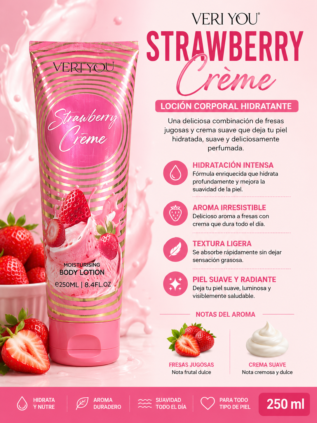 Loción Corporal Strawberry Crème – Hidratación Dulce con Fresa y Crema 250 ml