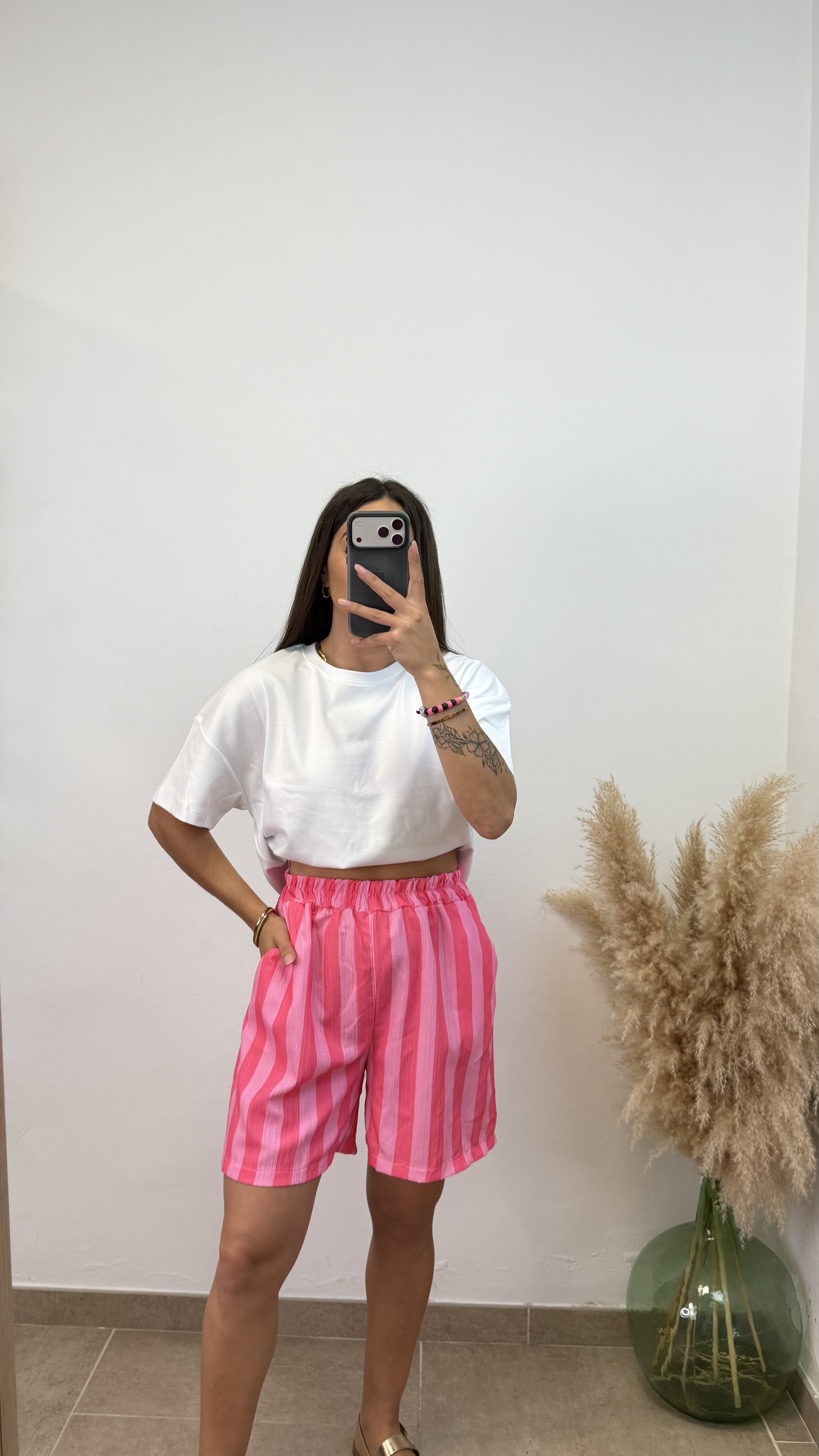 Pantalón bambúla rayas corto - fucsia y rosa