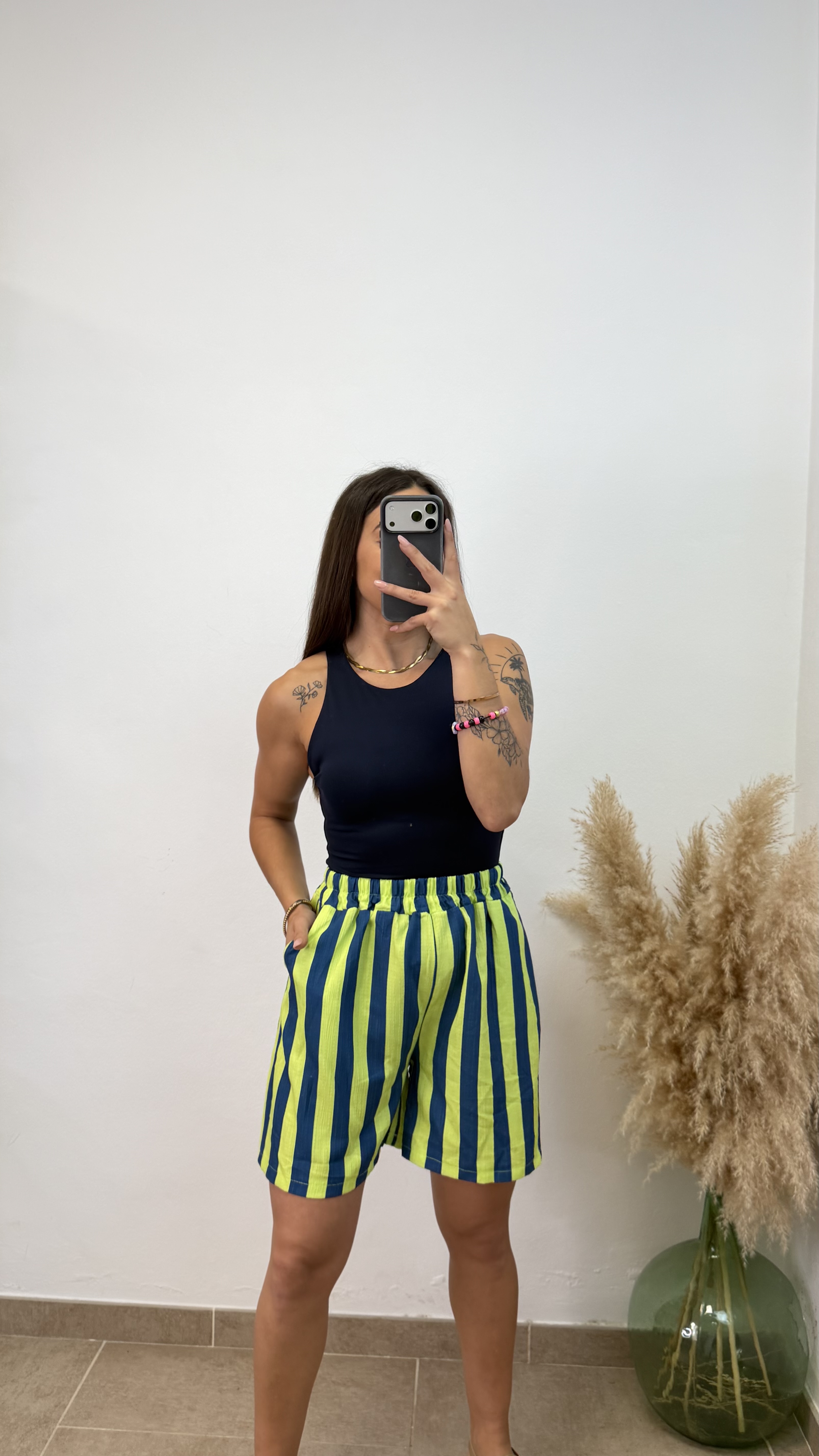 Pantalón bambúla rayas corto - azul marino y lima
