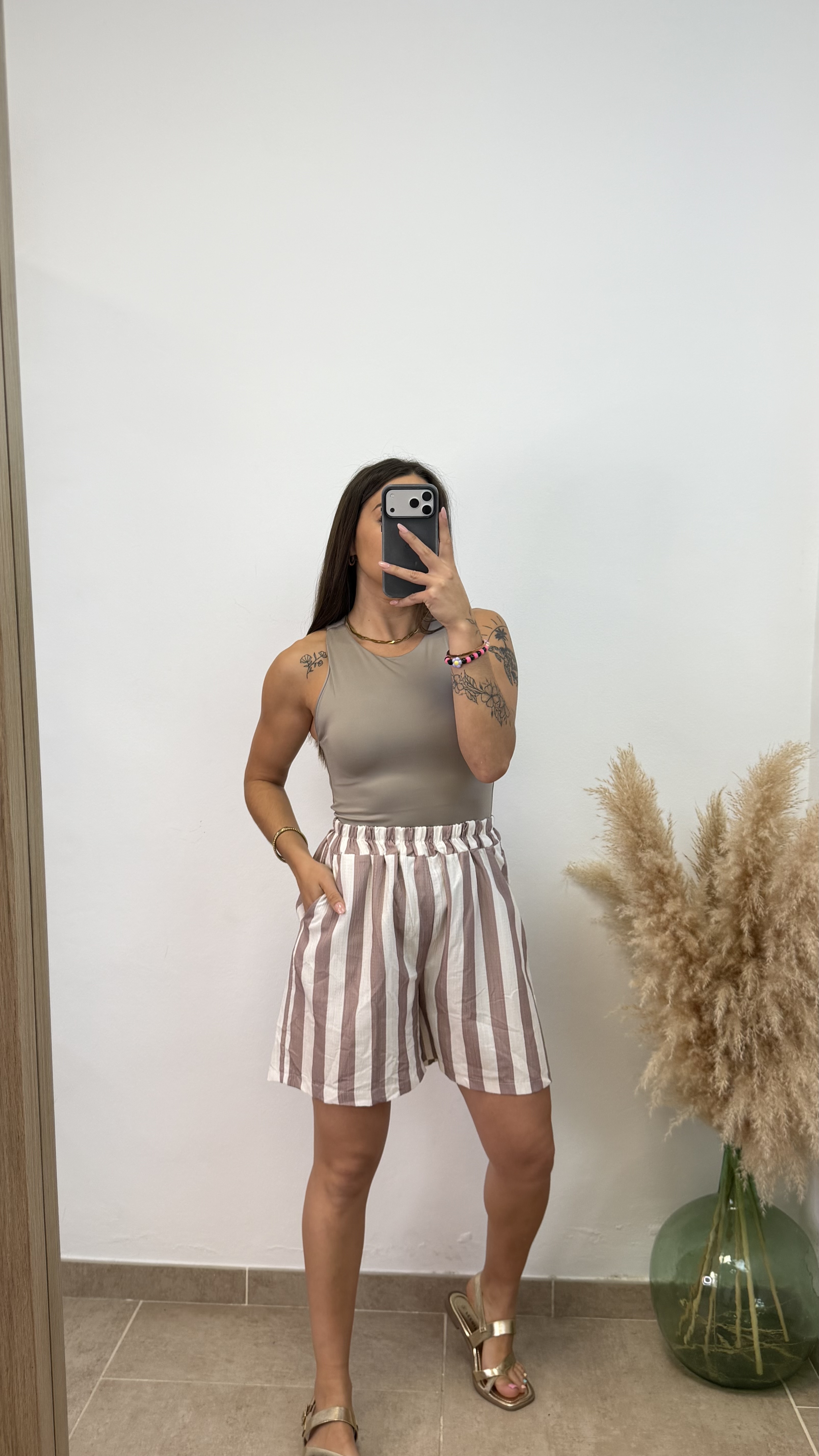 Pantalón bambúla rayas corto - taupe y beige