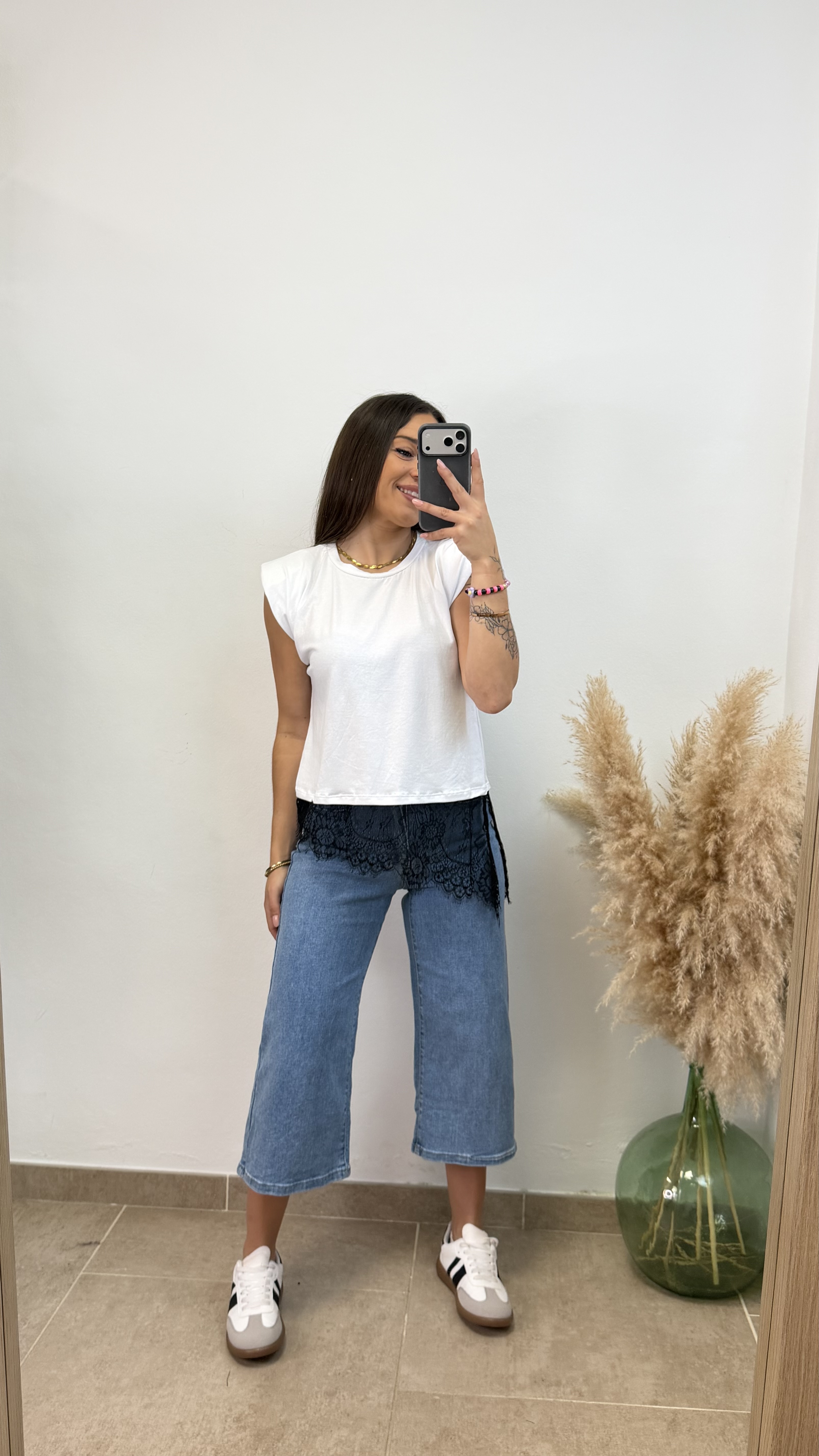 Camiseta hombreras encaje - Blanco