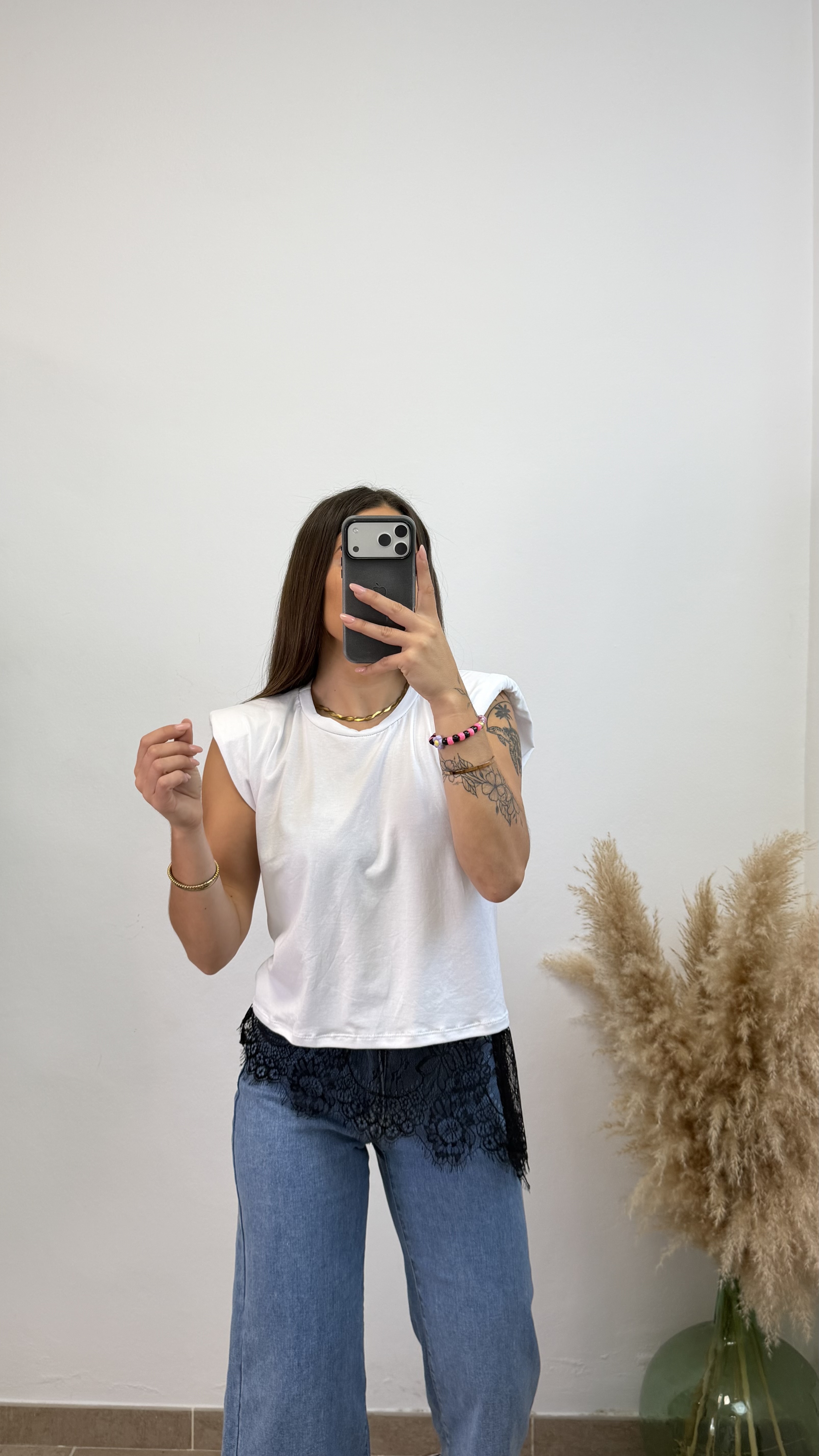 Camiseta hombreras encaje - Blanco - Imagen 3