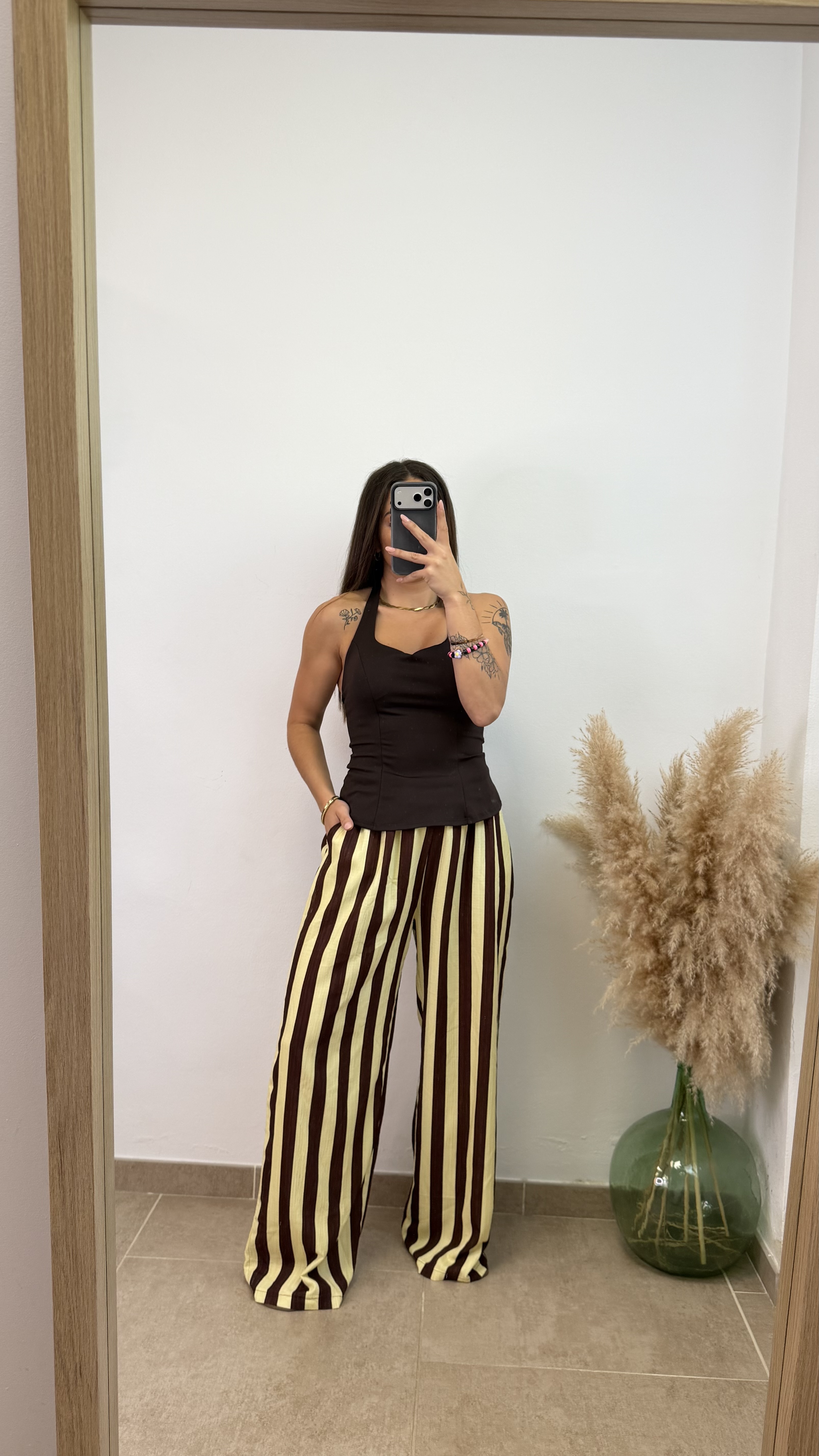 Pantalón bambúla rayas largo - Amarillo y chocolate - Imagen 3