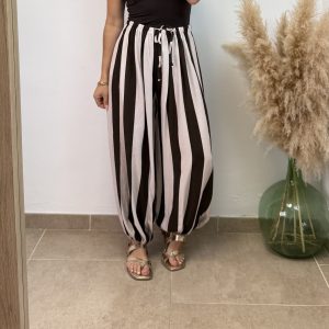 Pantalón globo raya - Chocolate y beige