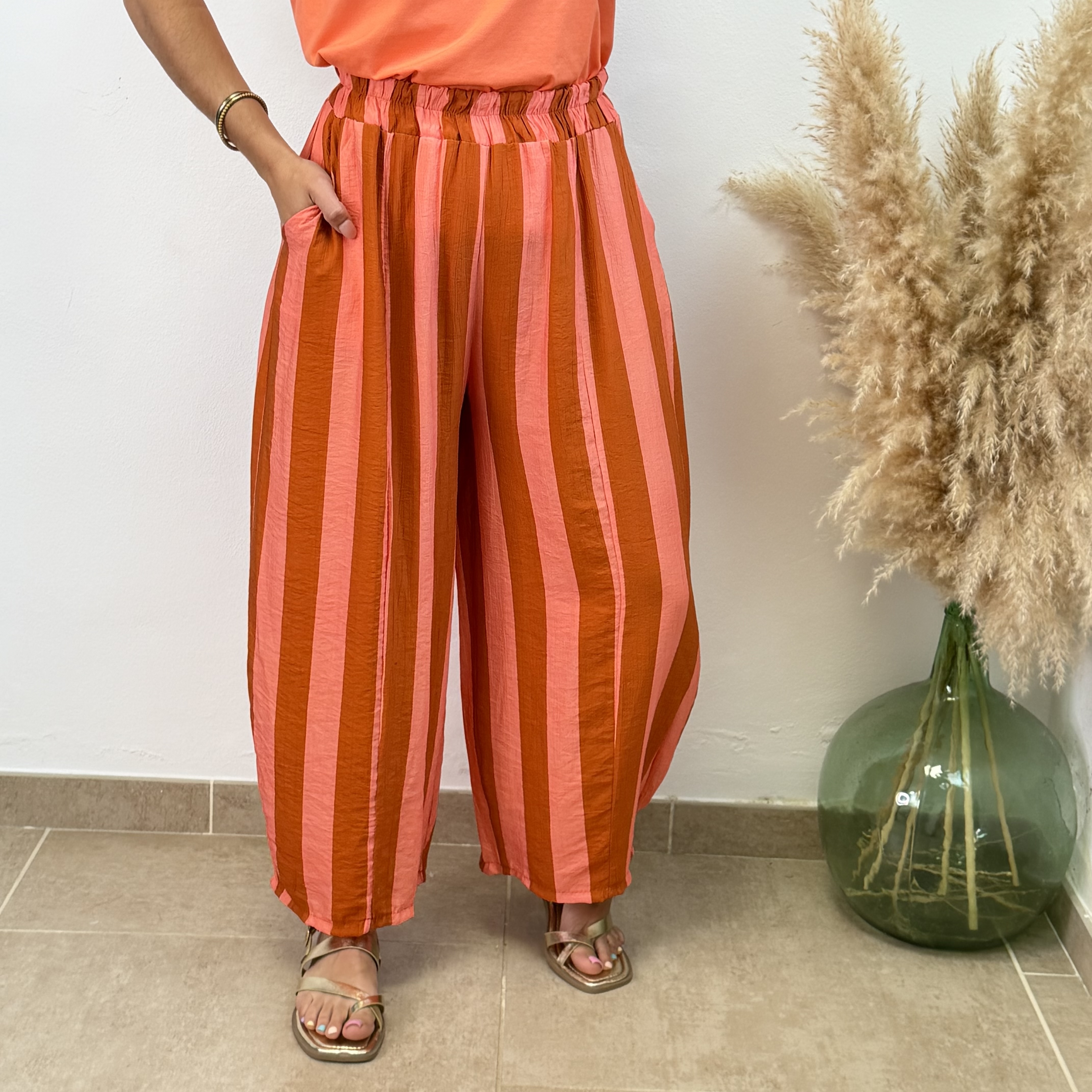 Pantalón ballon raya - Teja y coral