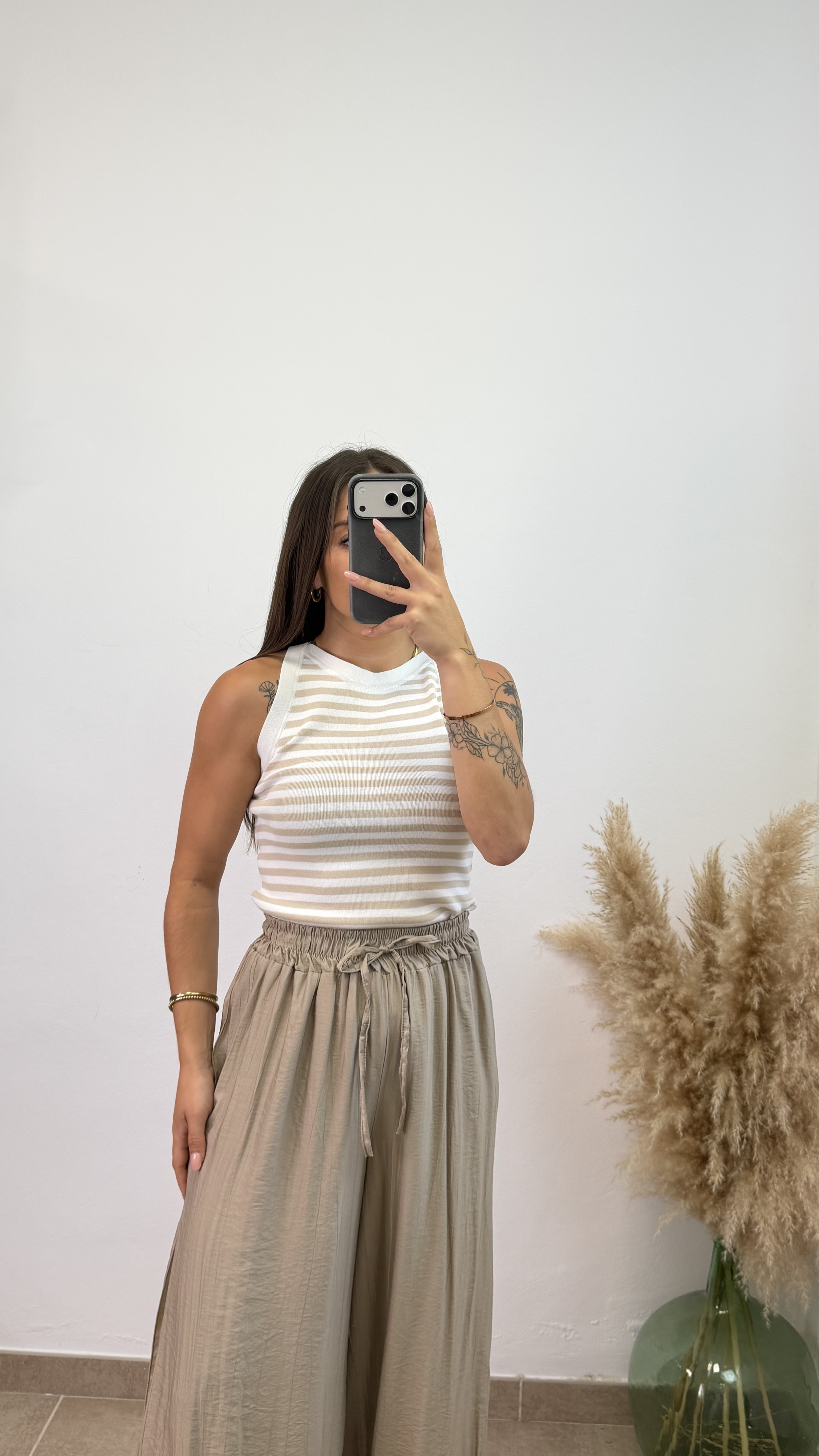 Camiseta punto tirante rayas - Beige - Imagen 2