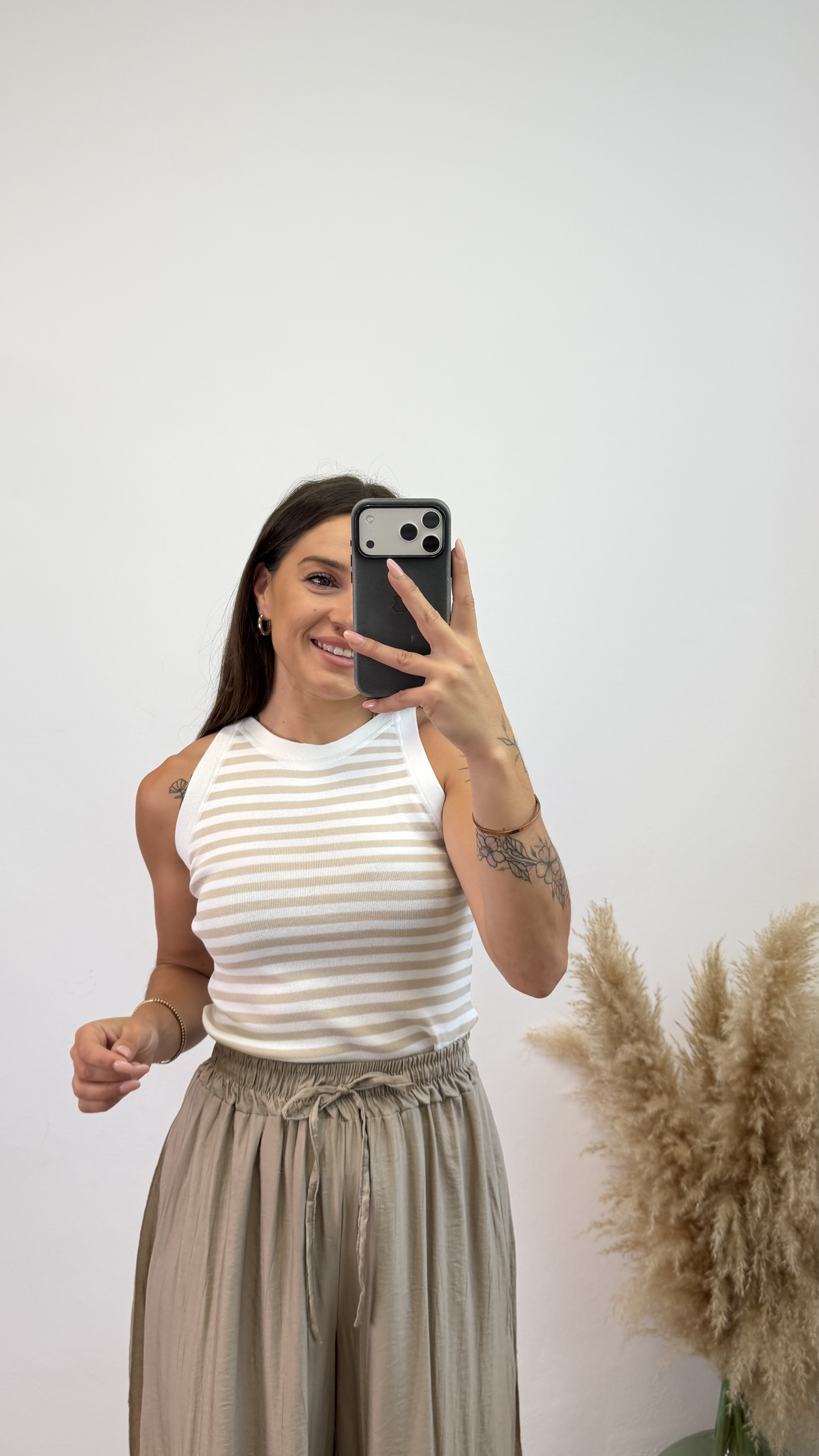 Camiseta punto tirante rayas - Beige