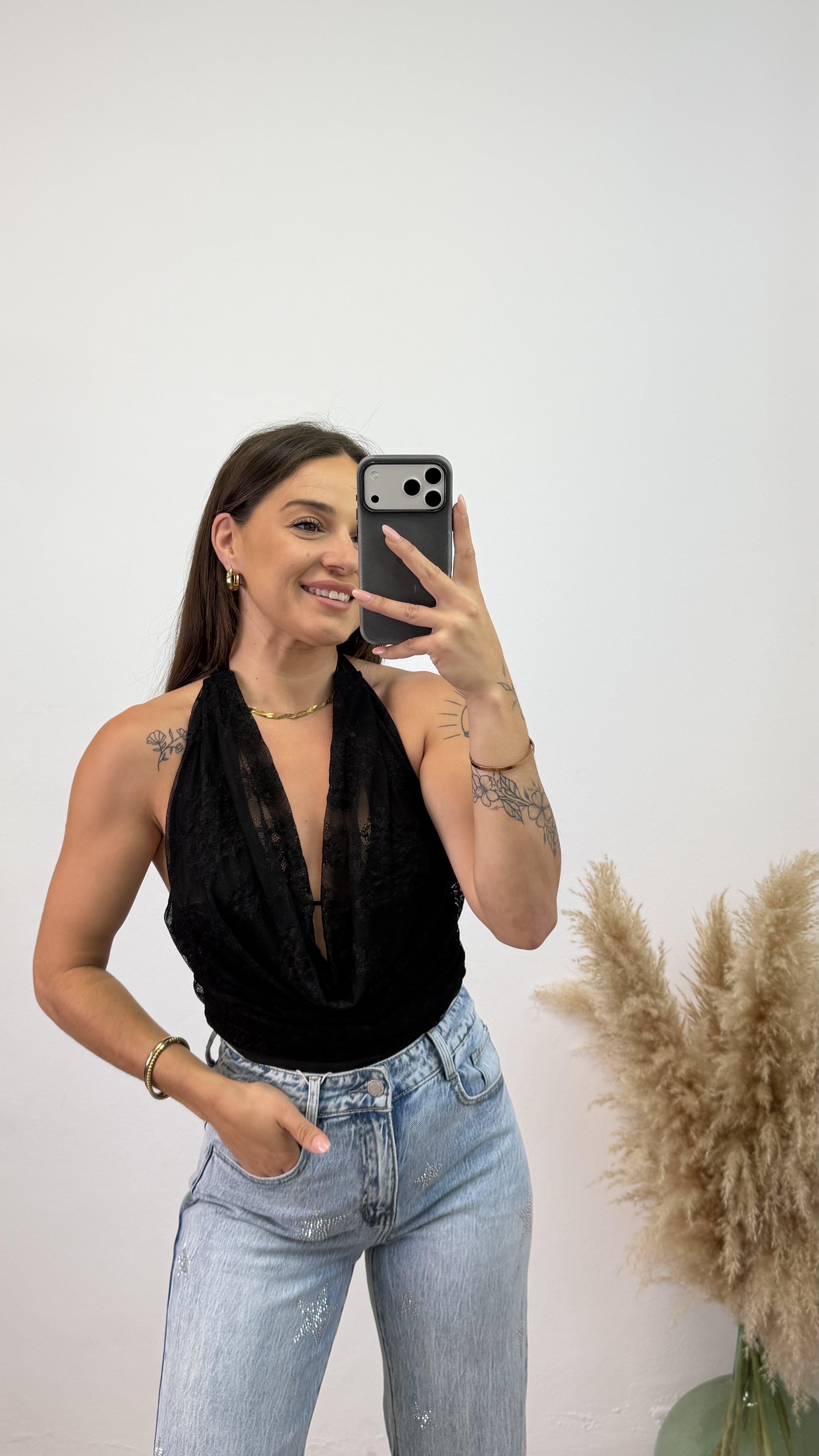 Body encaje con caída - Negro