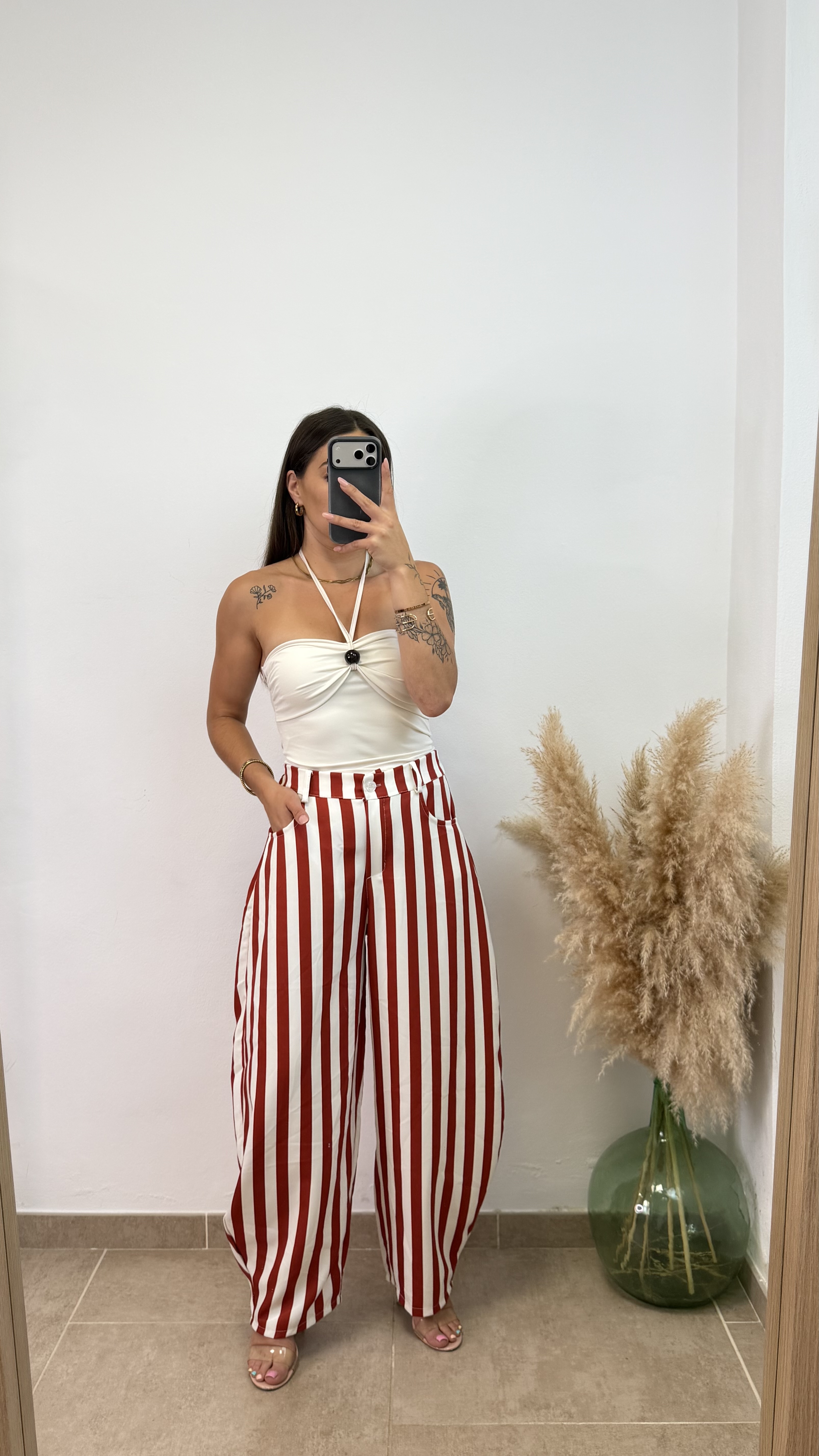 Pantalón ballon raya con botón - Teja - Imagen 4