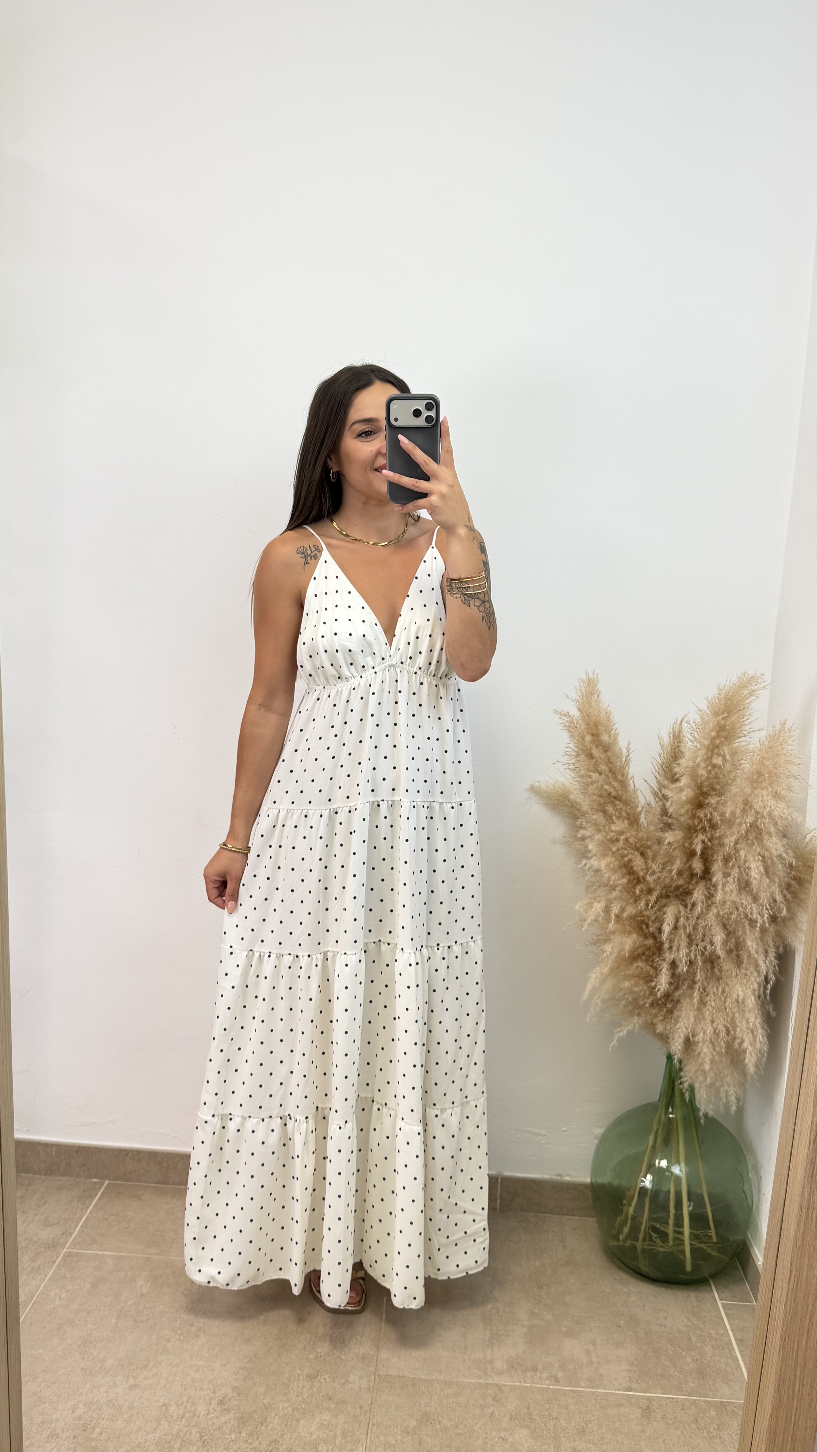 Vestido esmeralda lunares- Blanco
