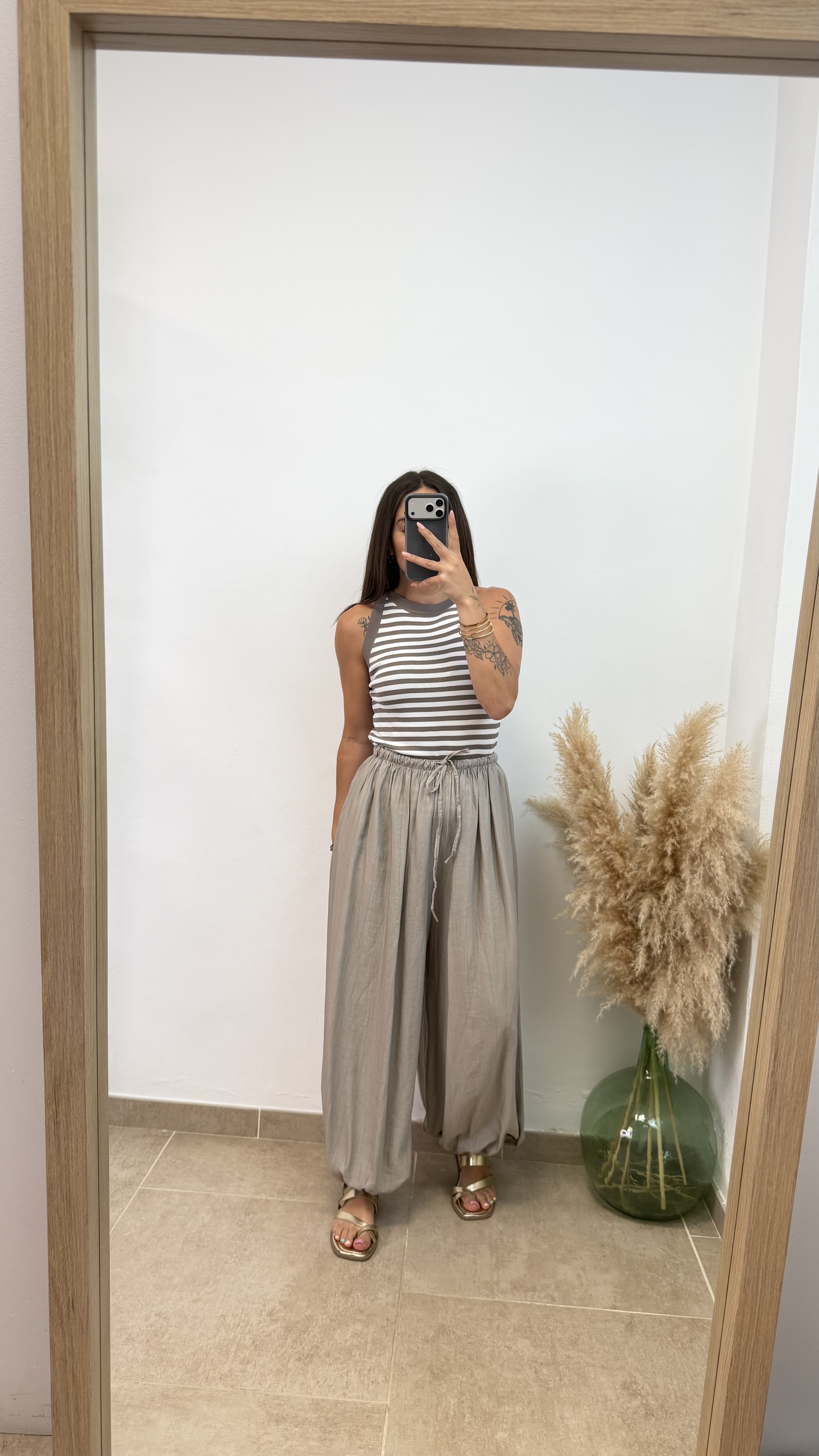 Camiseta punto tirante rayas - Taupe - Imagen 2