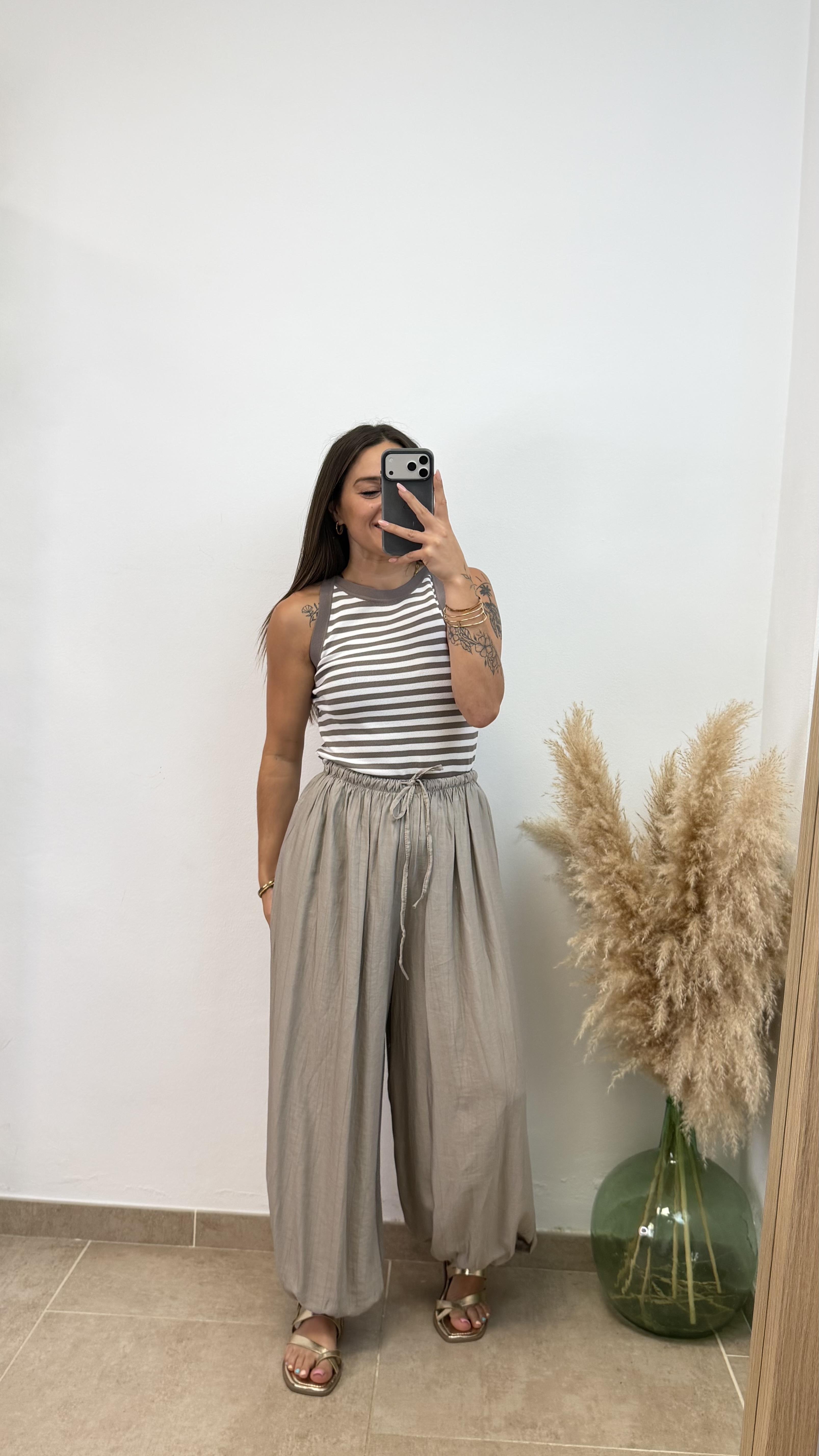Camiseta punto tirante rayas - Taupe