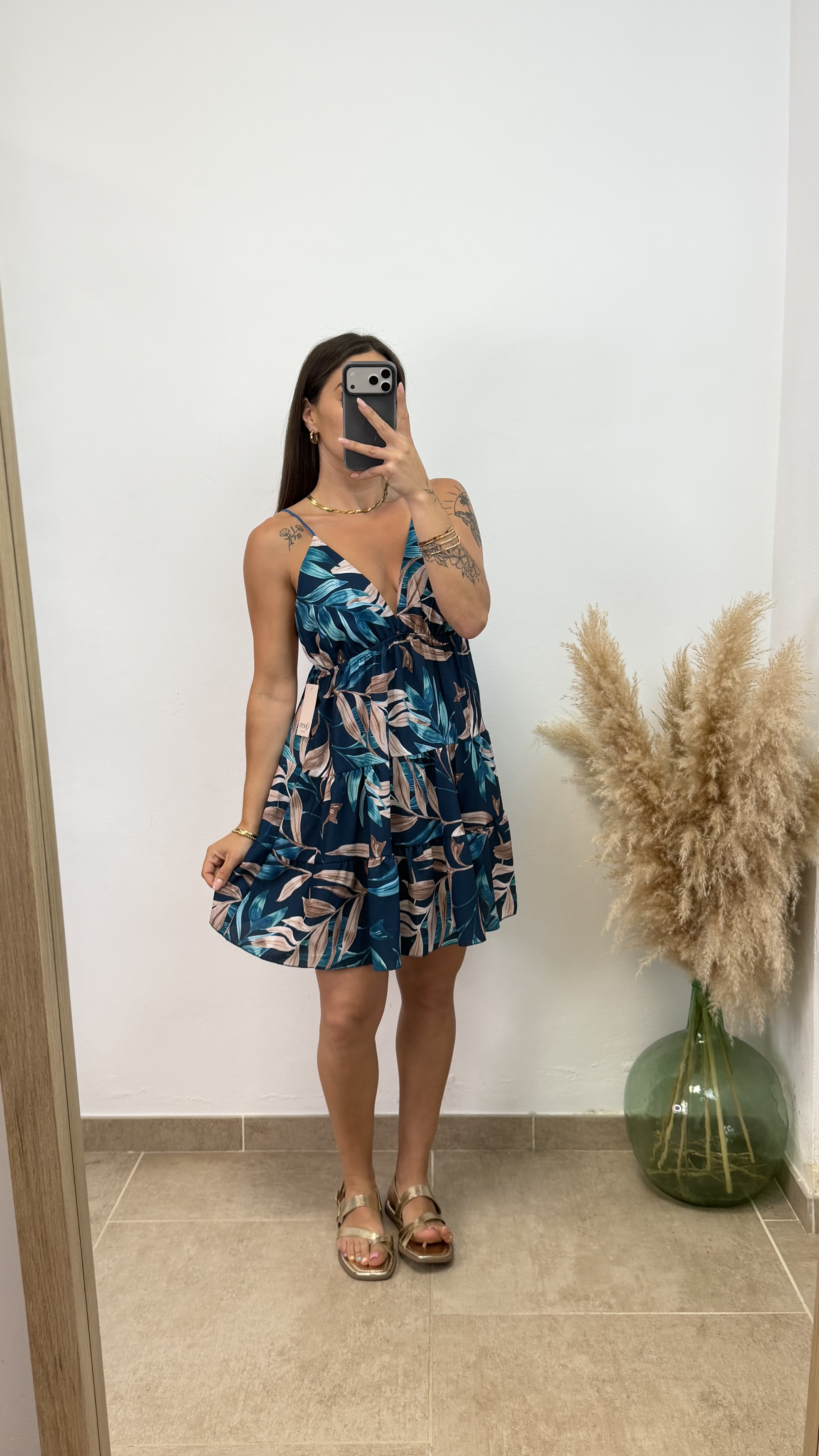 Vestido Betty corto palmera - Azul petróleo