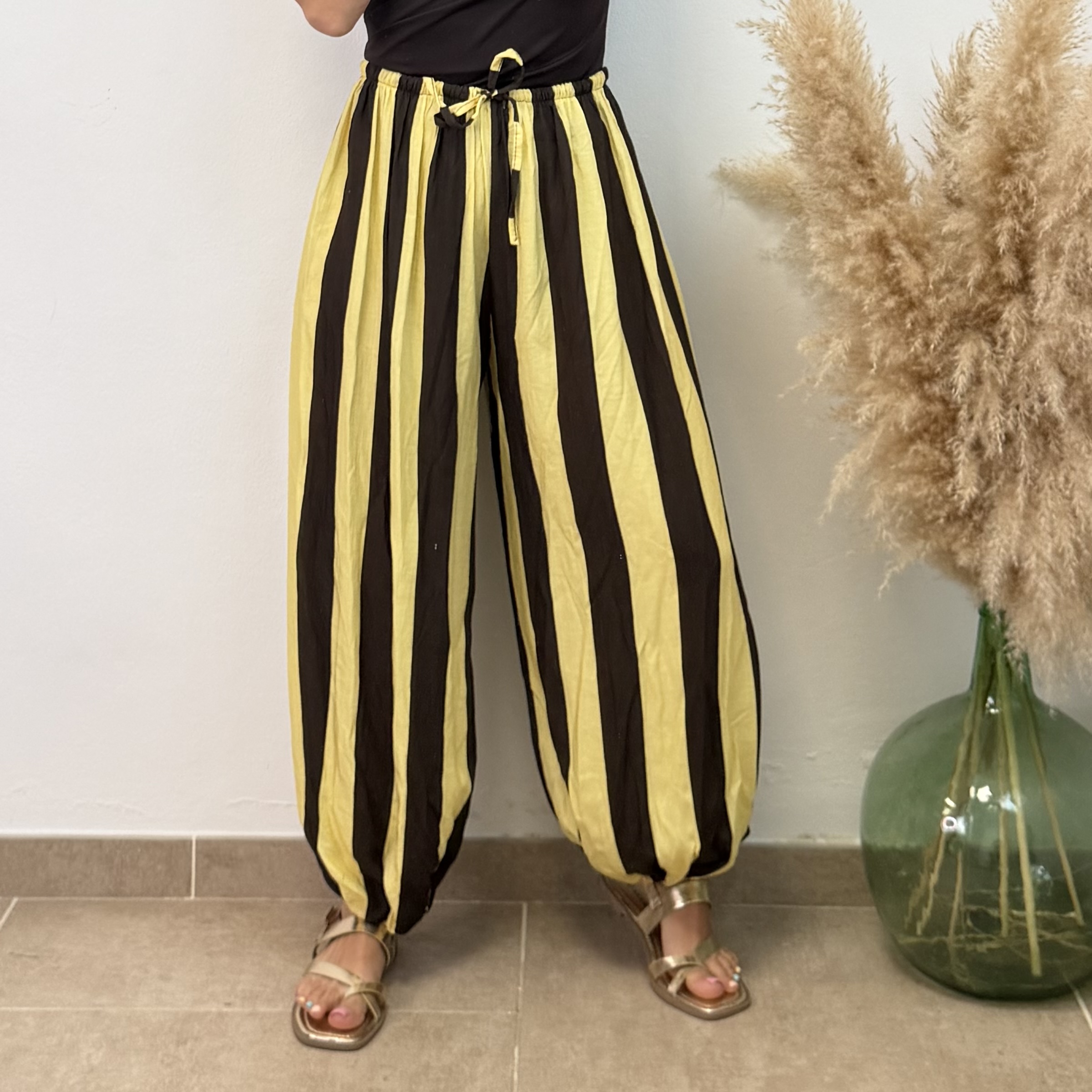 Pantalón globo raya - chocolate y amarillo