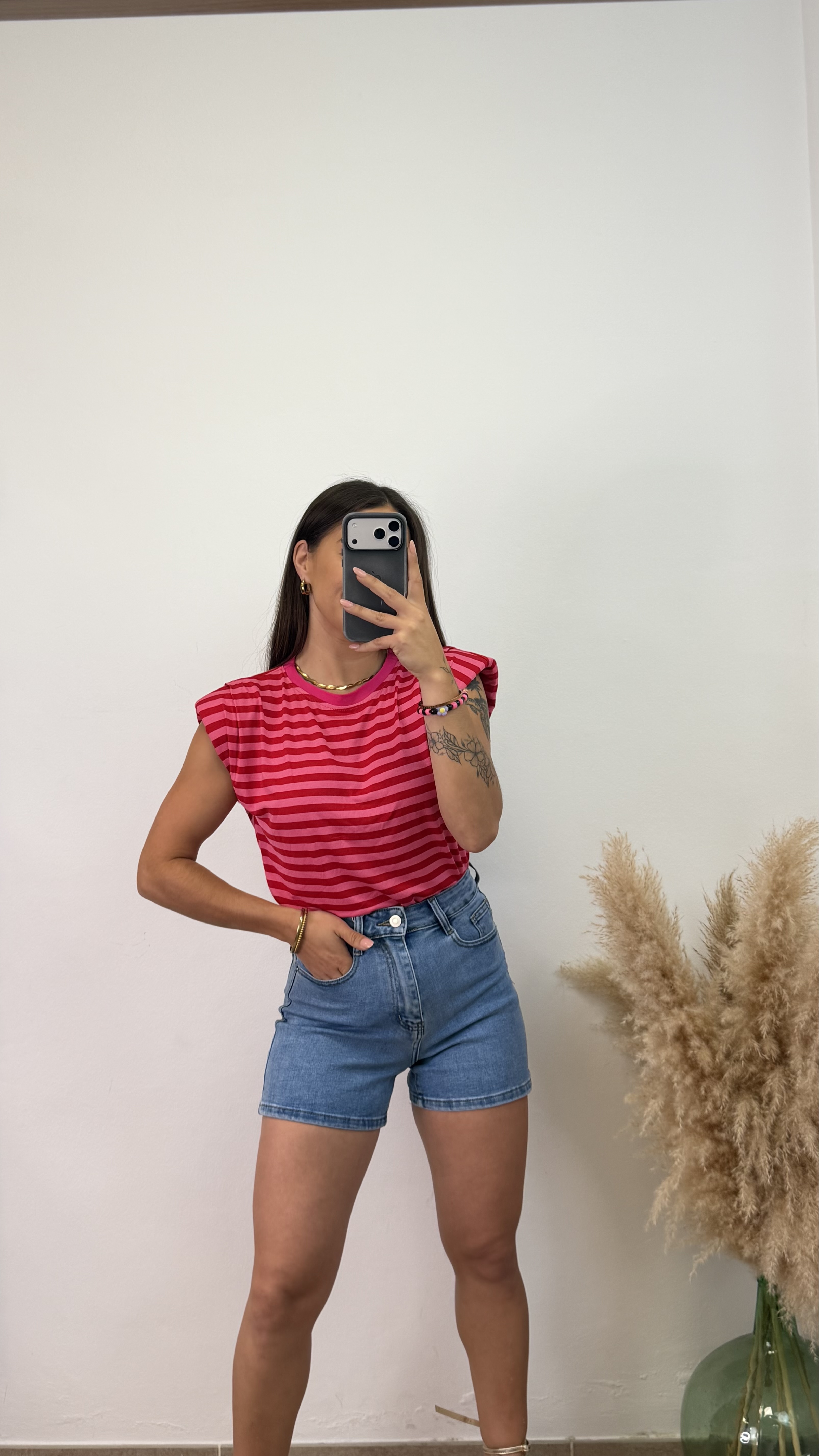 Camiseta hombreras bicolor - Rosa y roja - Imagen 2