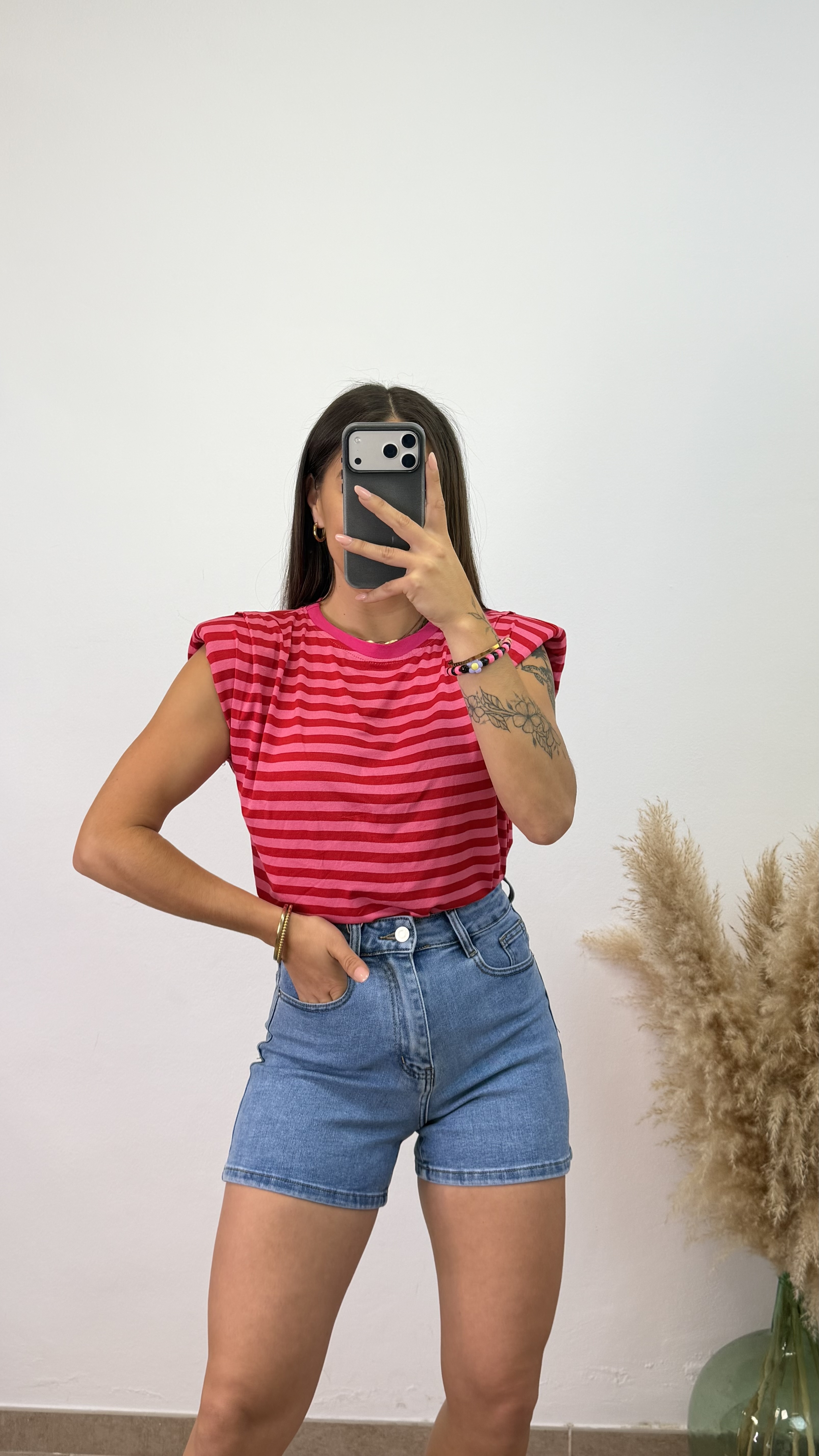 Camiseta hombreras bicolor - Rosa y roja
