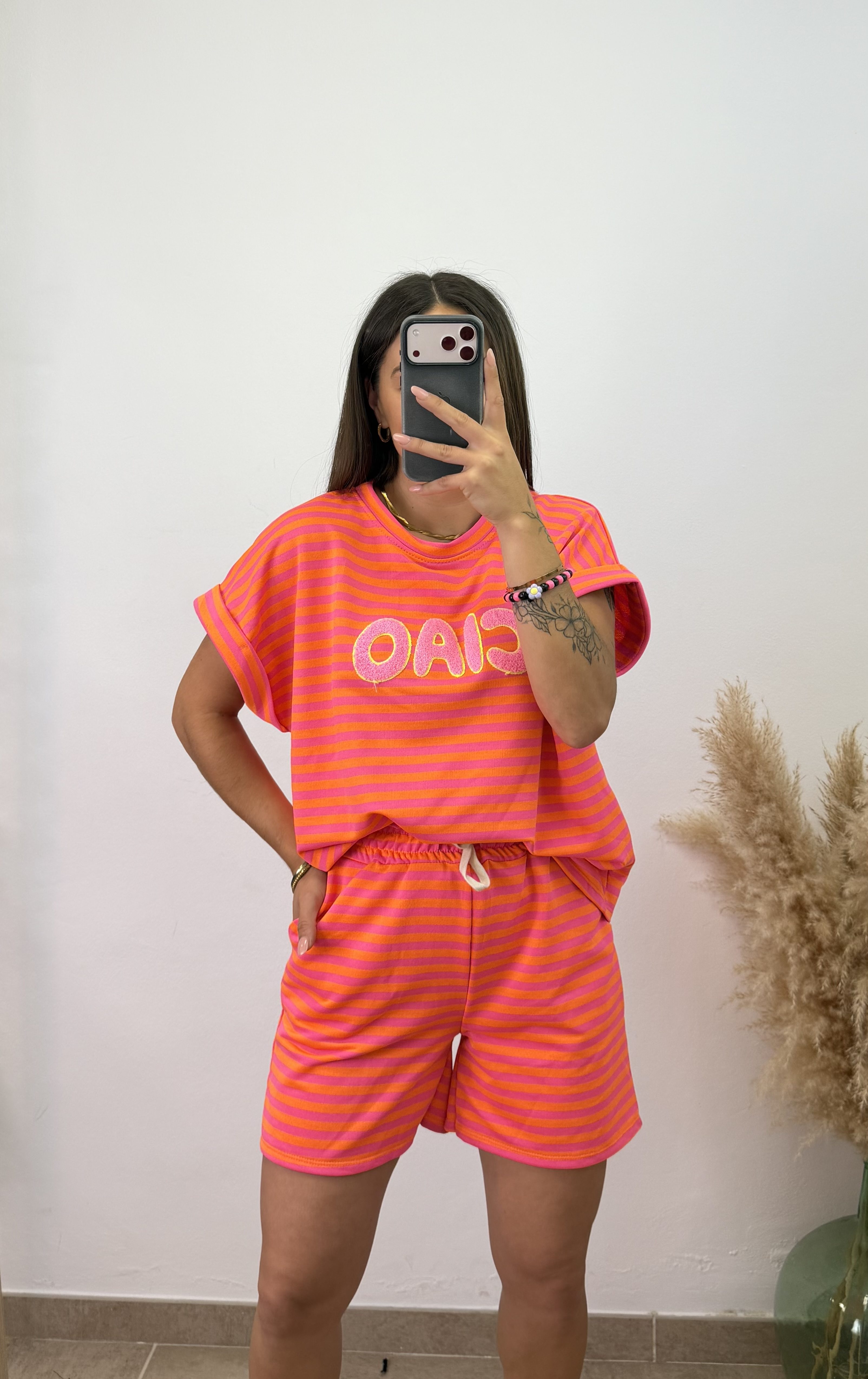 Conjunto rayas ciao - Naranja y rosa