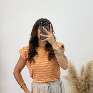 Camiseta hombreras bicolor - Naranja y taupé