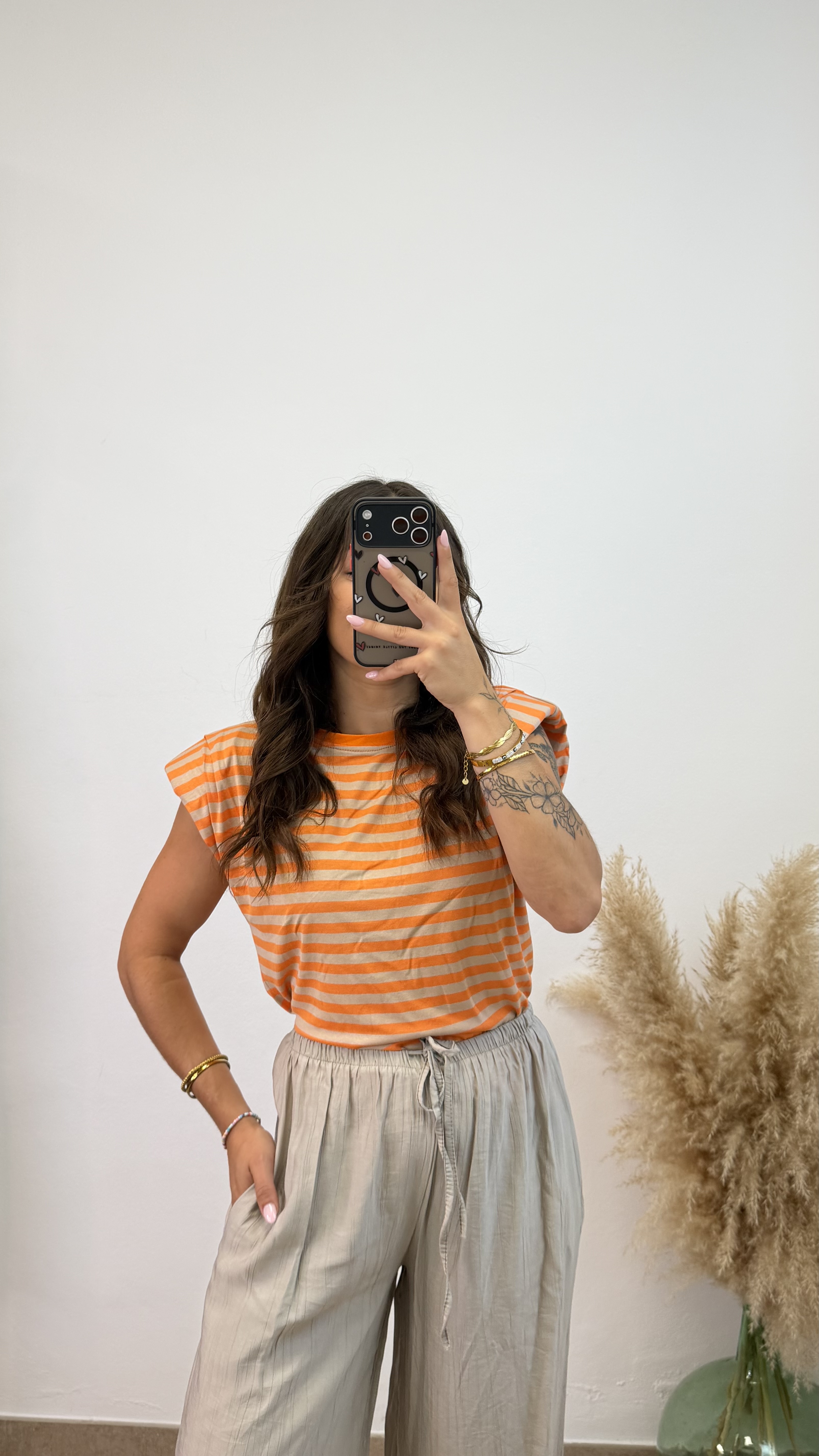 Camiseta hombreras bicolor - Naranja y taupé