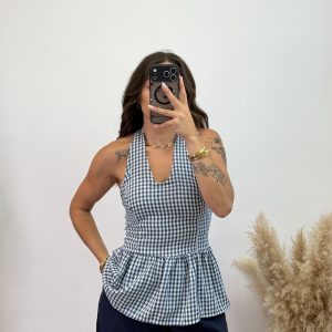 Camiseta vichy vuelo - Azul marino y verde agua