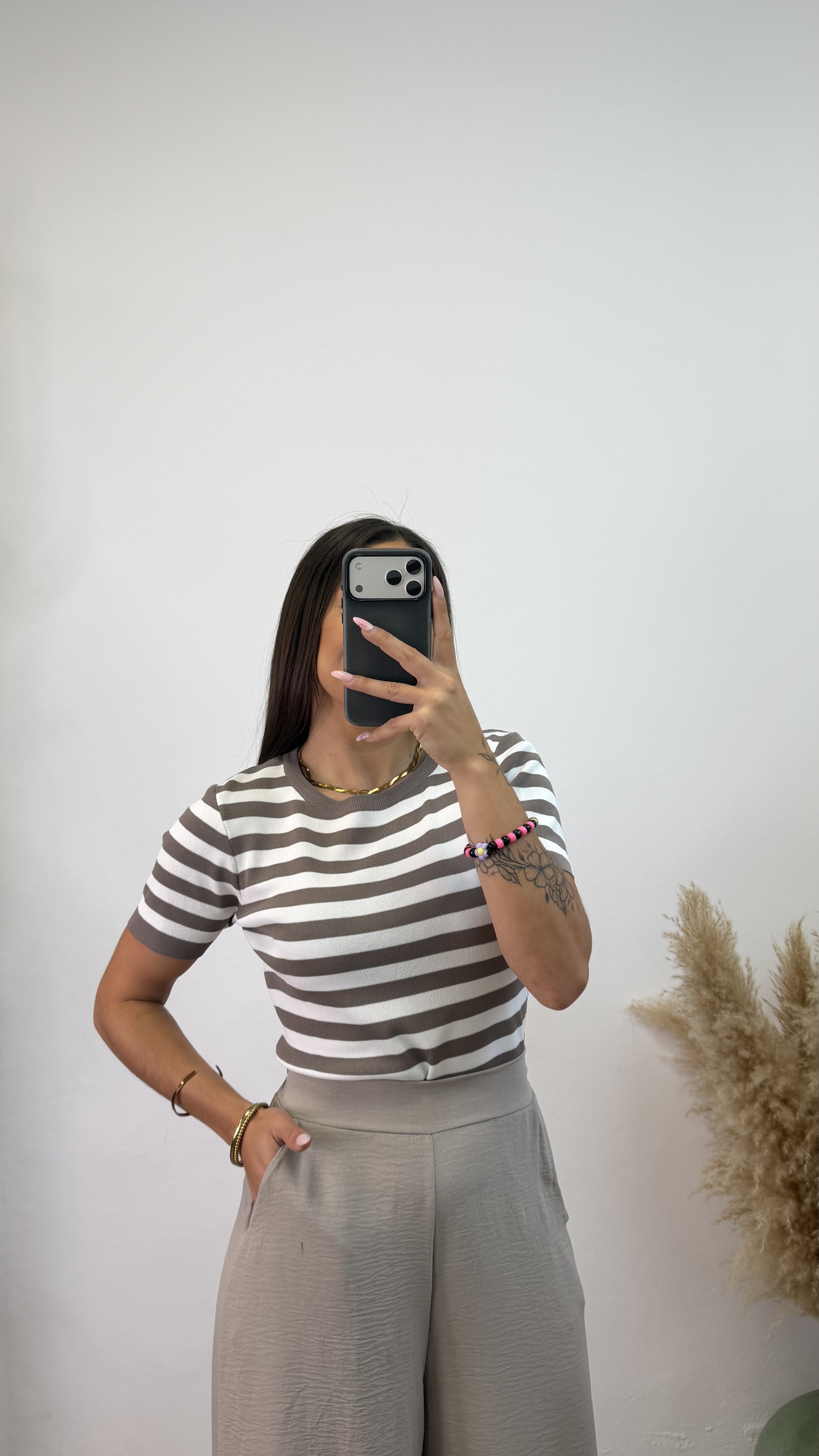 Camiseta manga corta rayas - Taupé