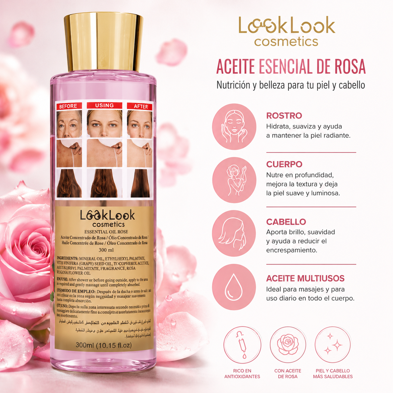 Aceite de Rosa Premium Multiusos Kiss Beauty – Rostro, Cuerpo y Cabello 300 ml