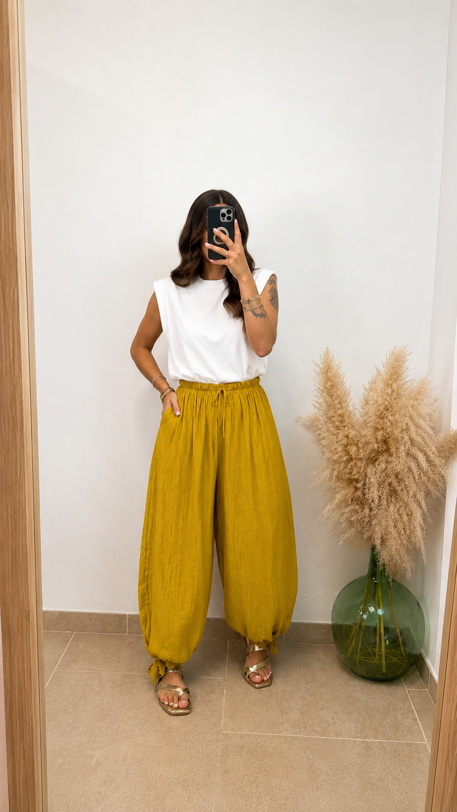 Pantalón lino con nudo - Mostaza