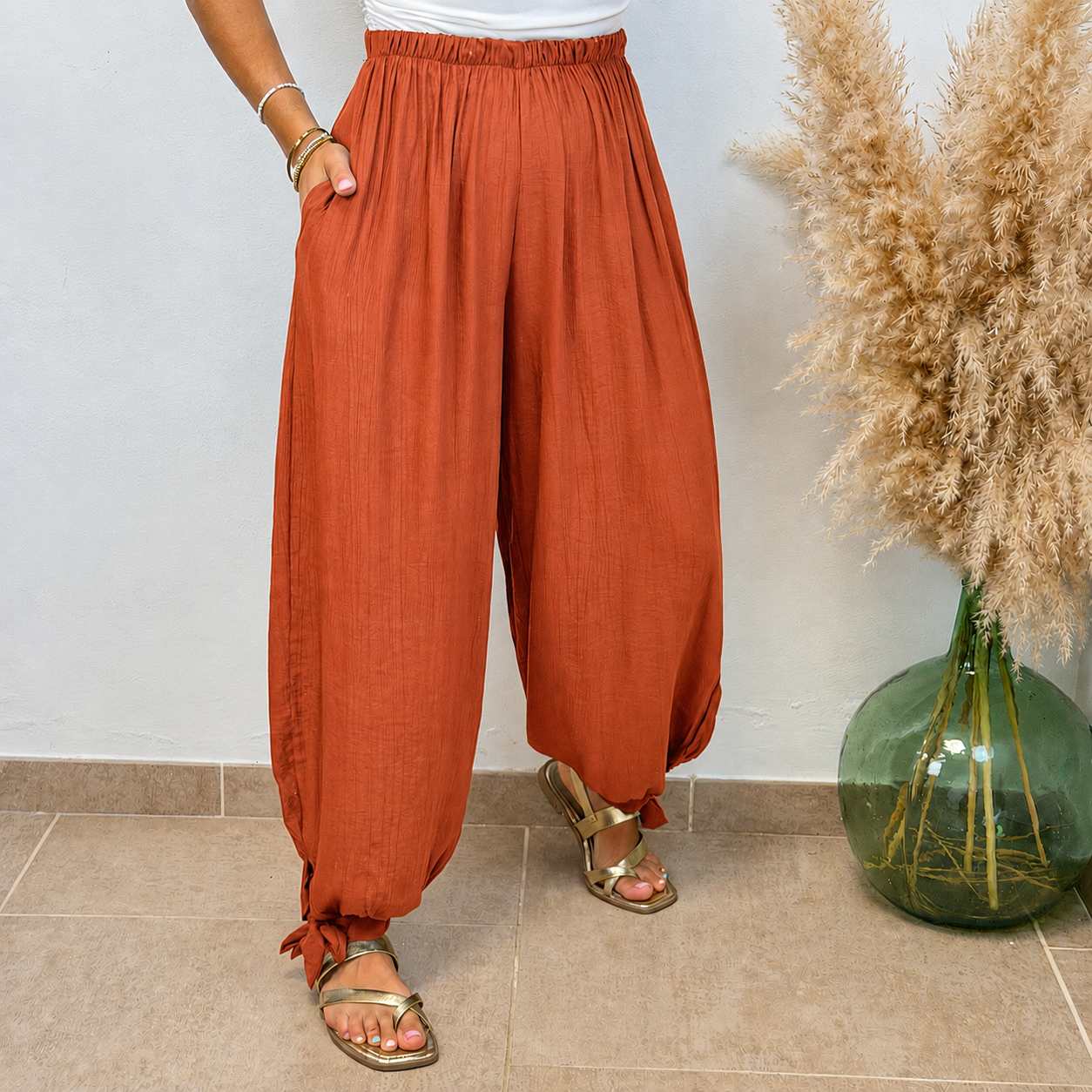 Pantalón lino con nudo - Teja