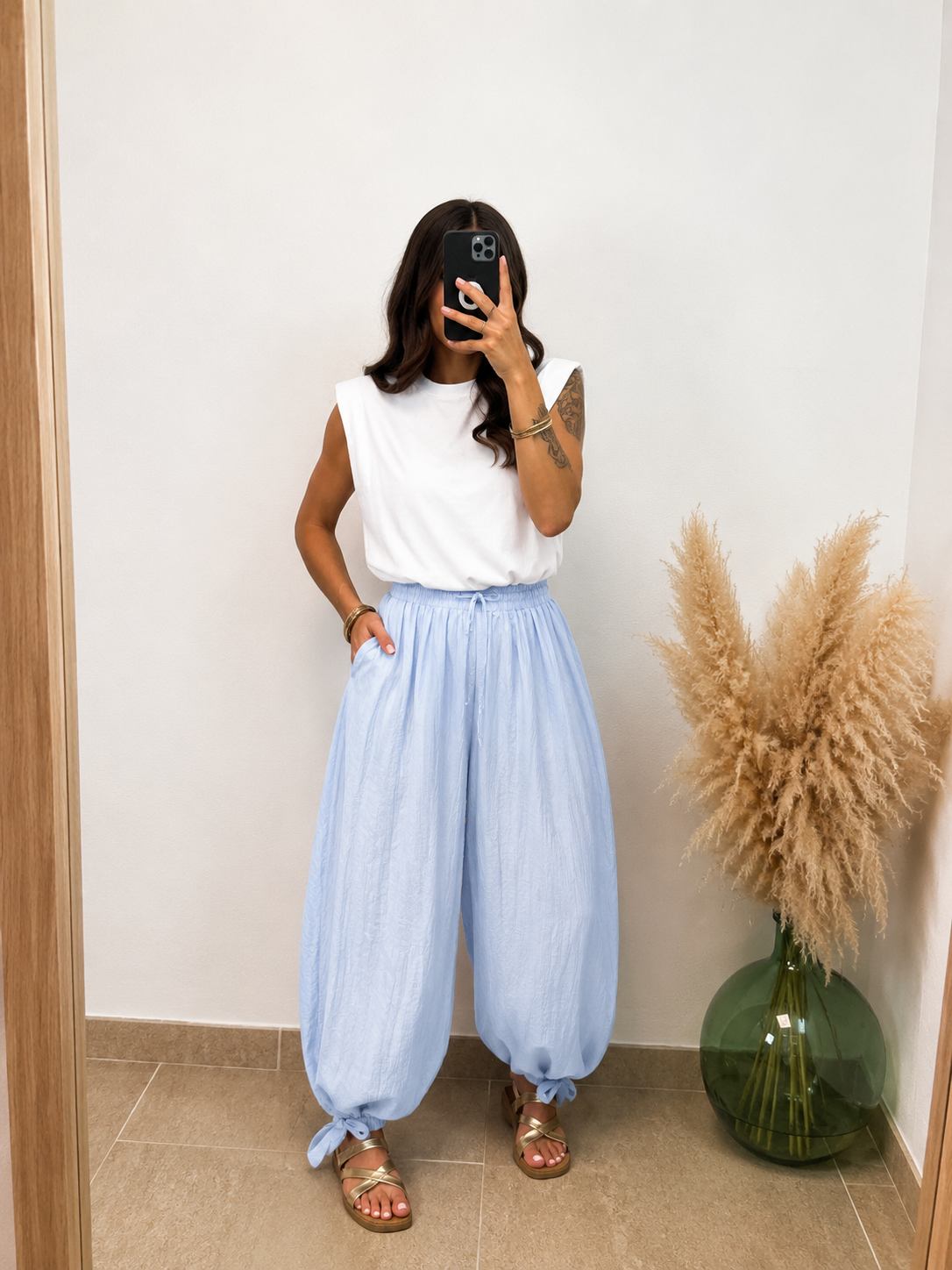 Pantalón lino con nudo - Celeste
