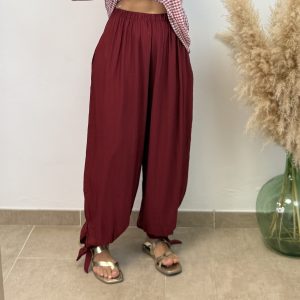 Pantalón lino con nudo - Burdeos