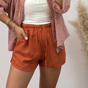 Pantalón corto efecto lino - Teja