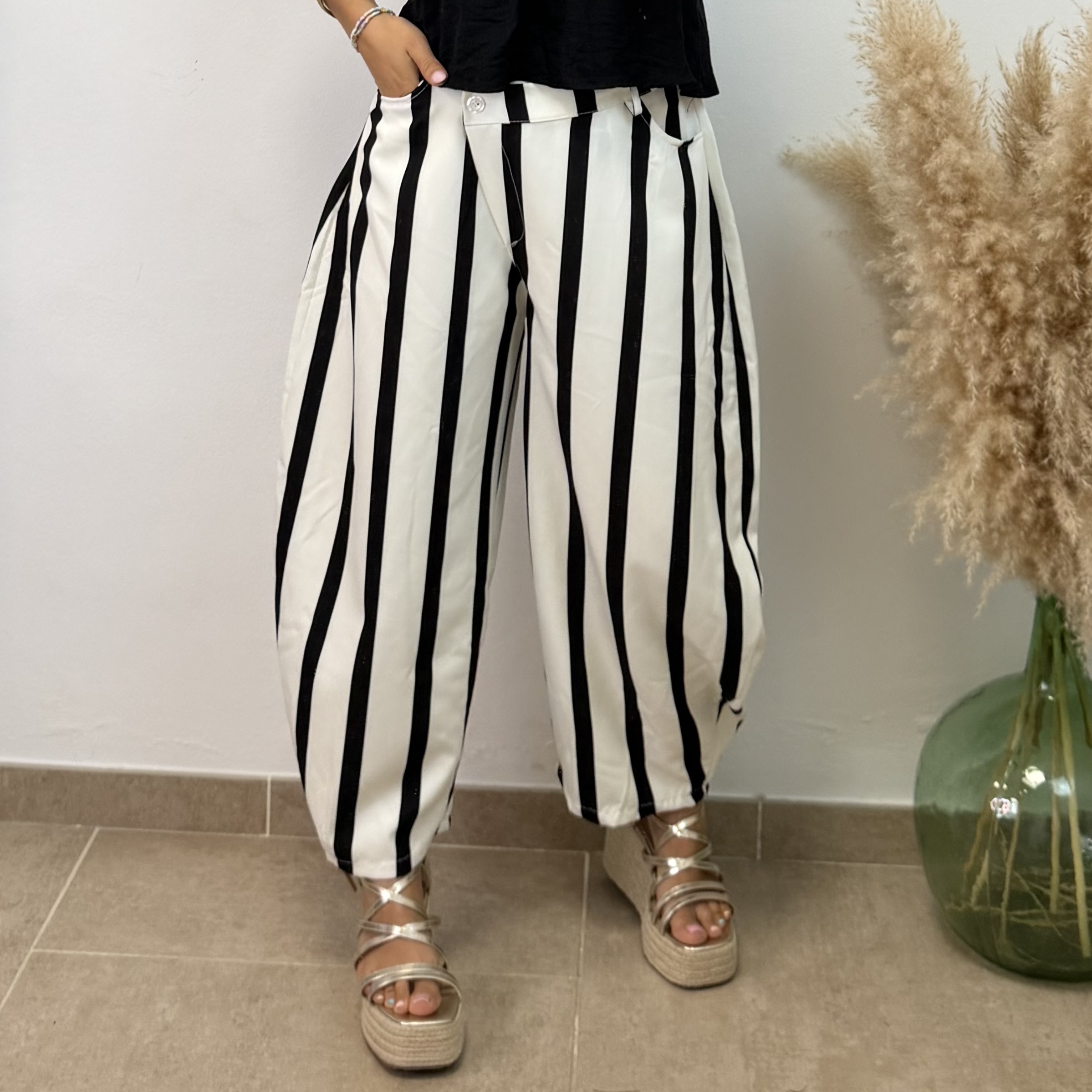 Pantalón rayas ballon cruzado - Negro