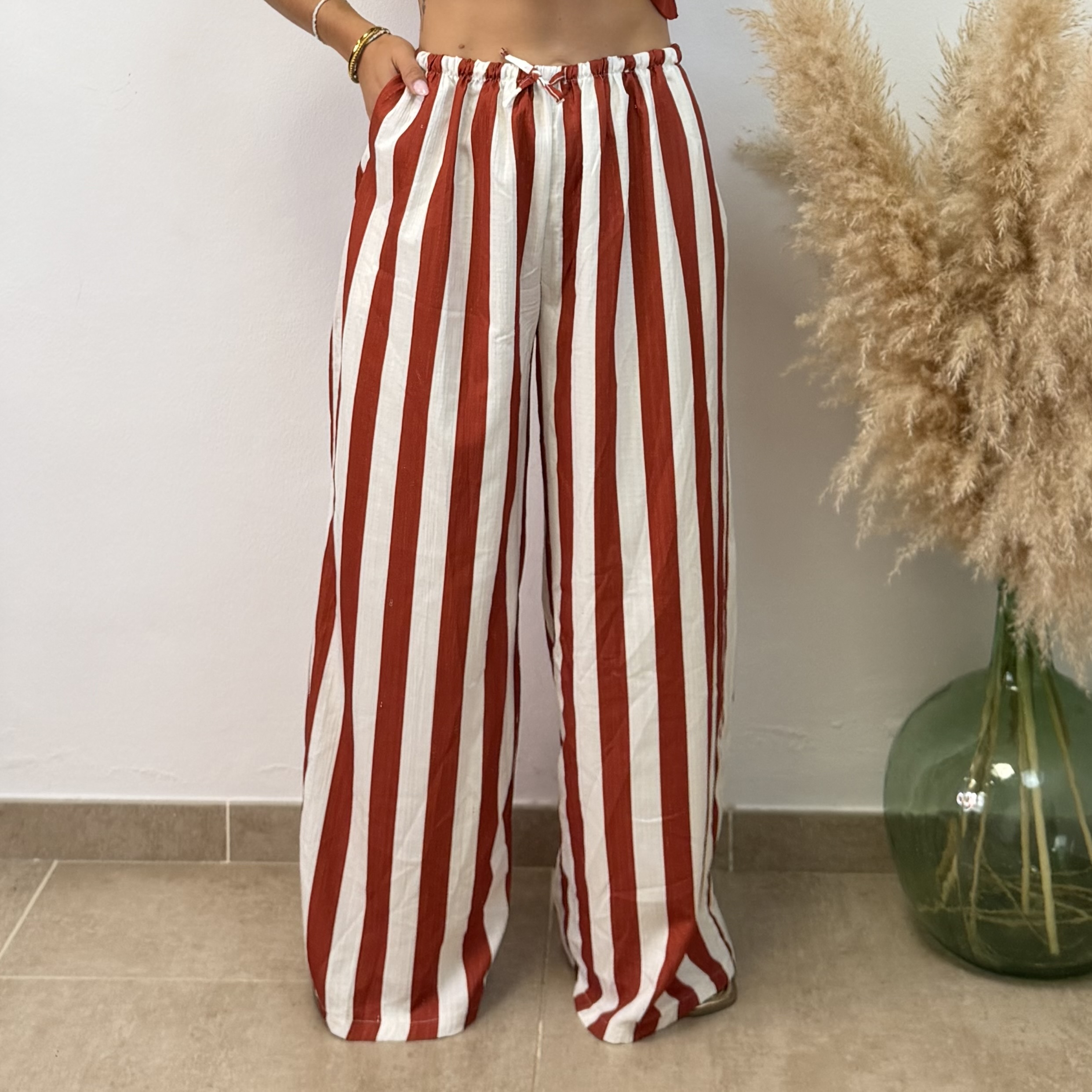 Pantalón raya recto - Teja y blanco