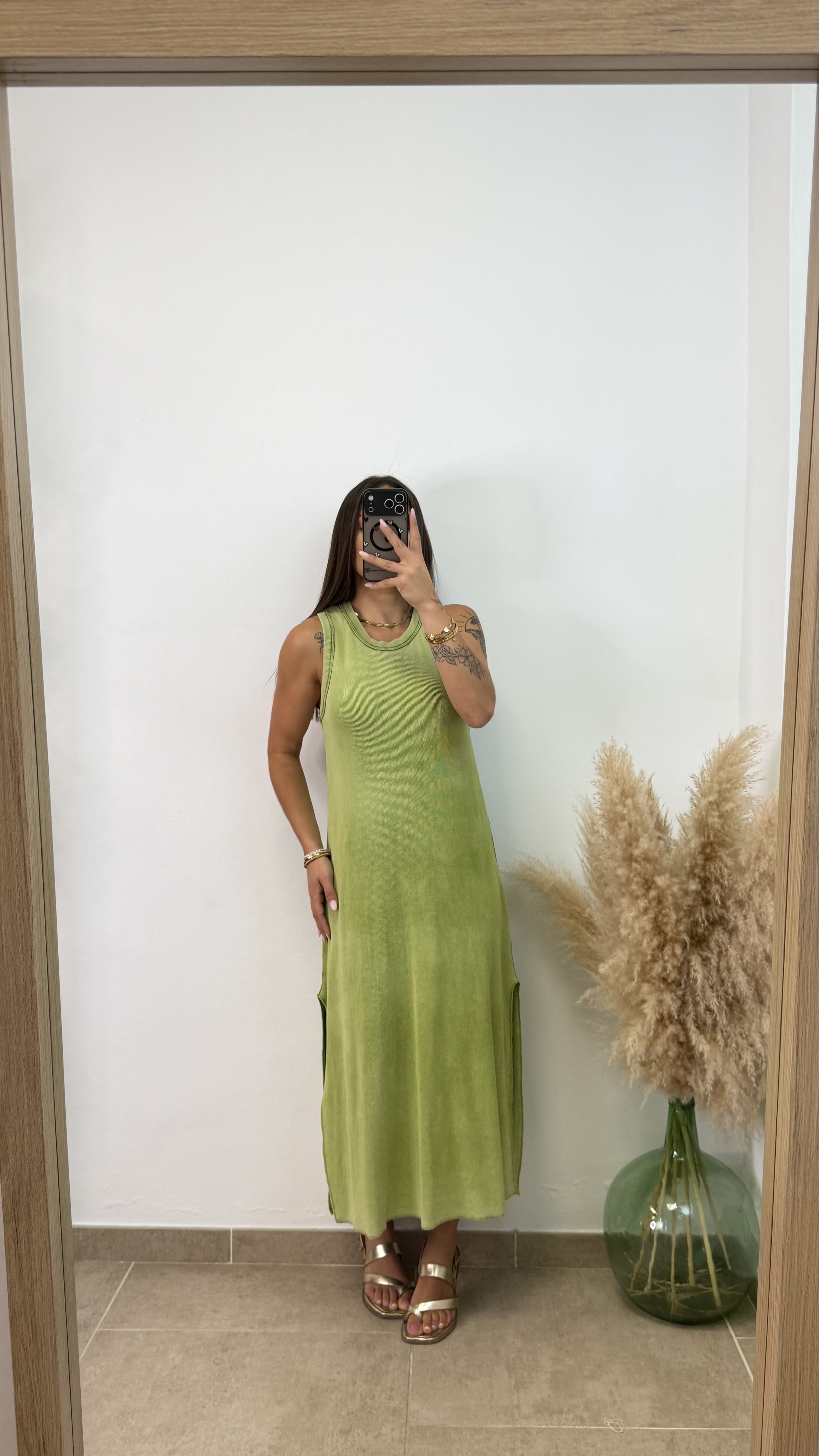 Vestido algodón efecto lavado - Verde manzana - Imagen 2
