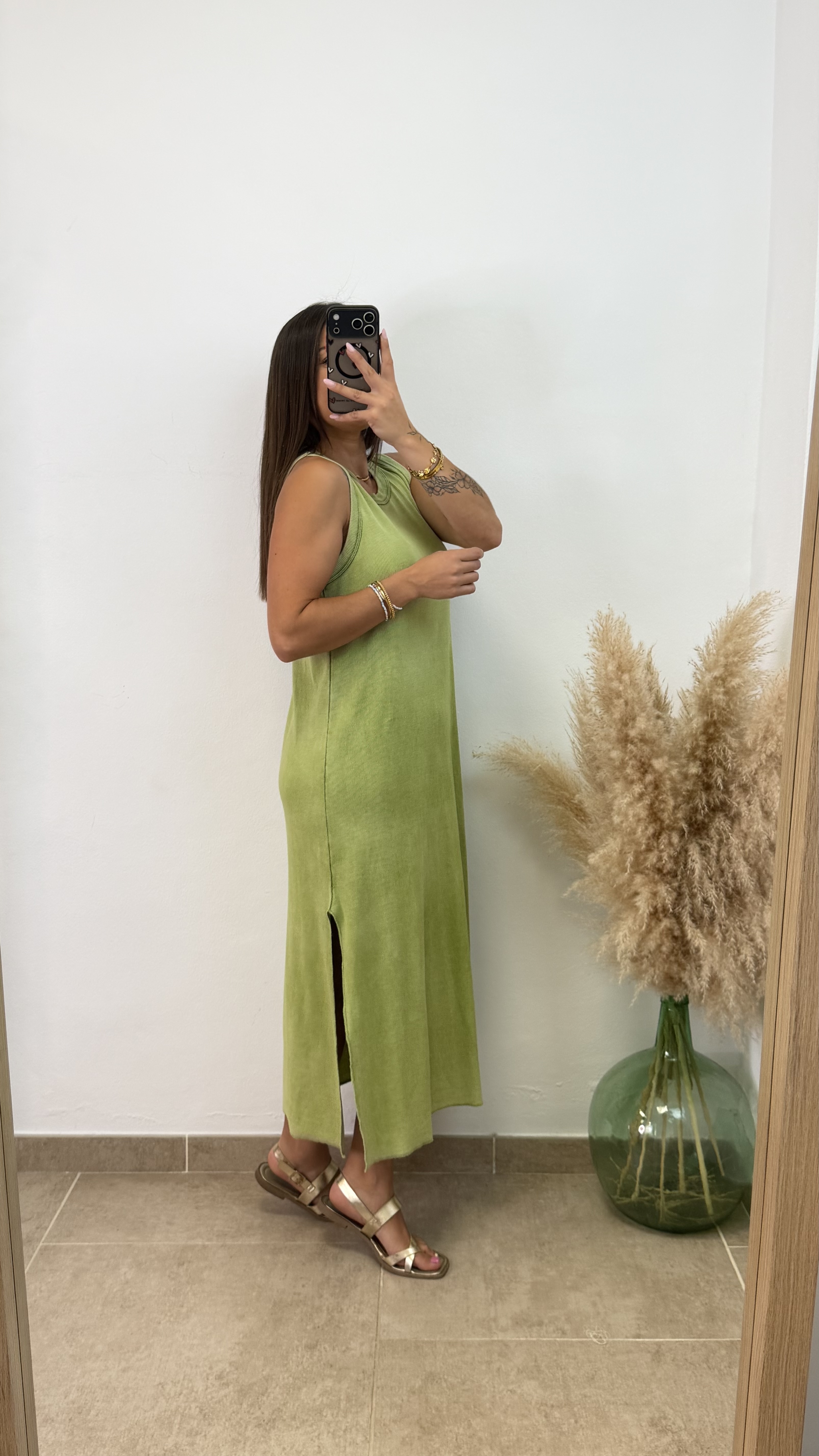 Vestido algodón efecto lavado - Verde manzana - Imagen 3