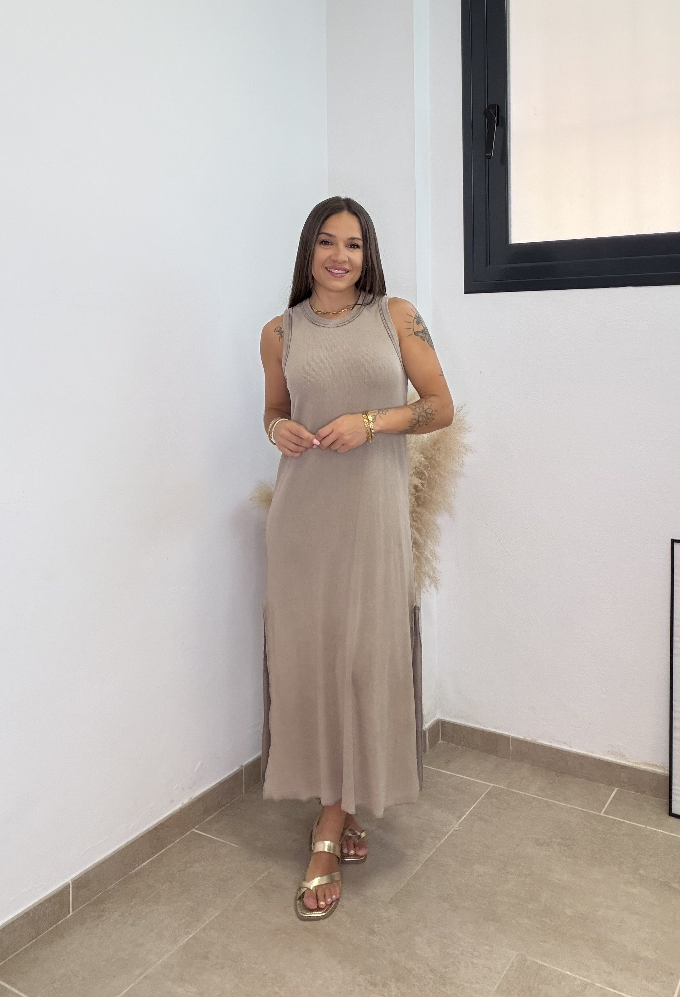 Vestido algodón efecto lavado -Taupe