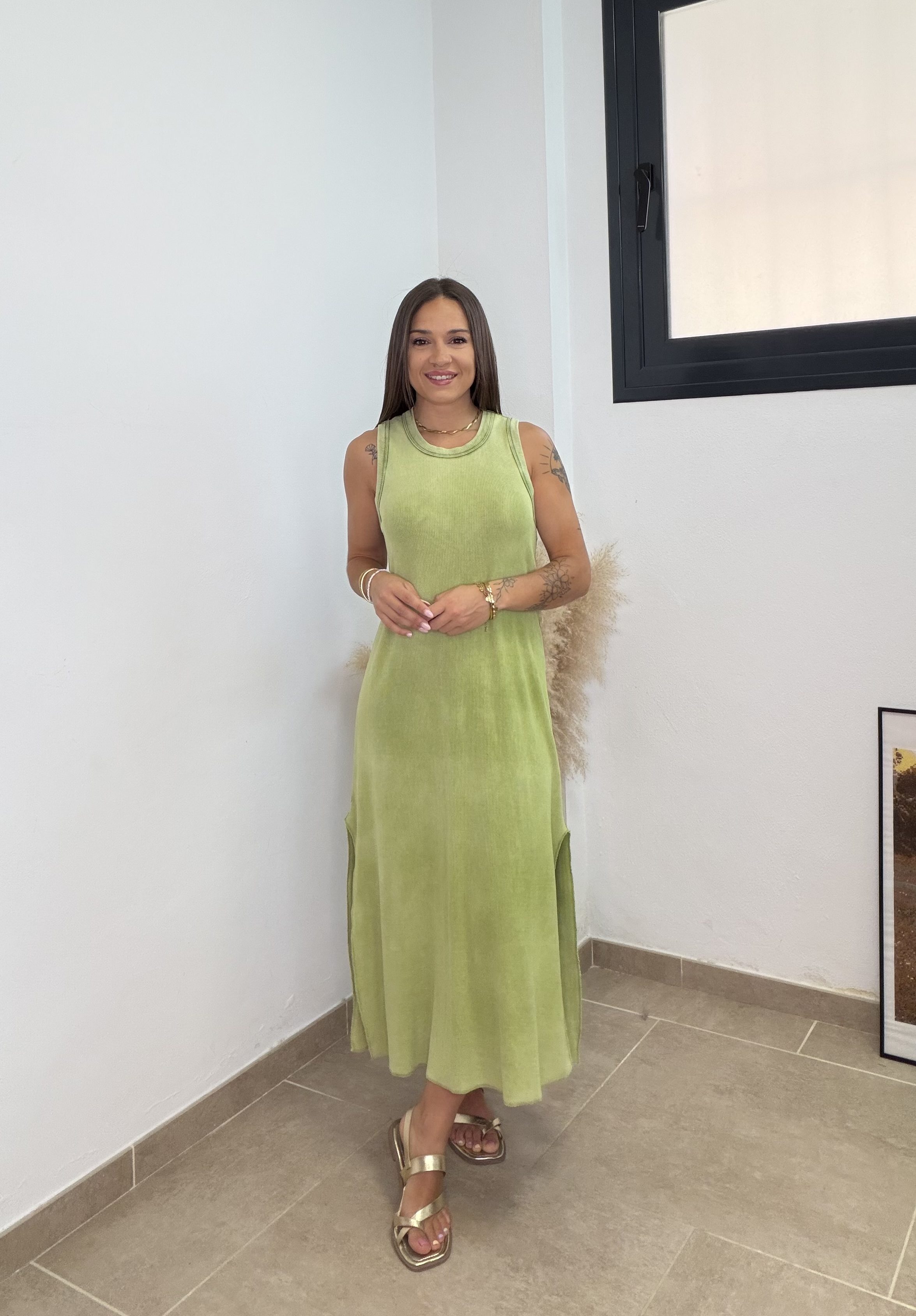 Vestido algodón efecto lavado - Verde manzana