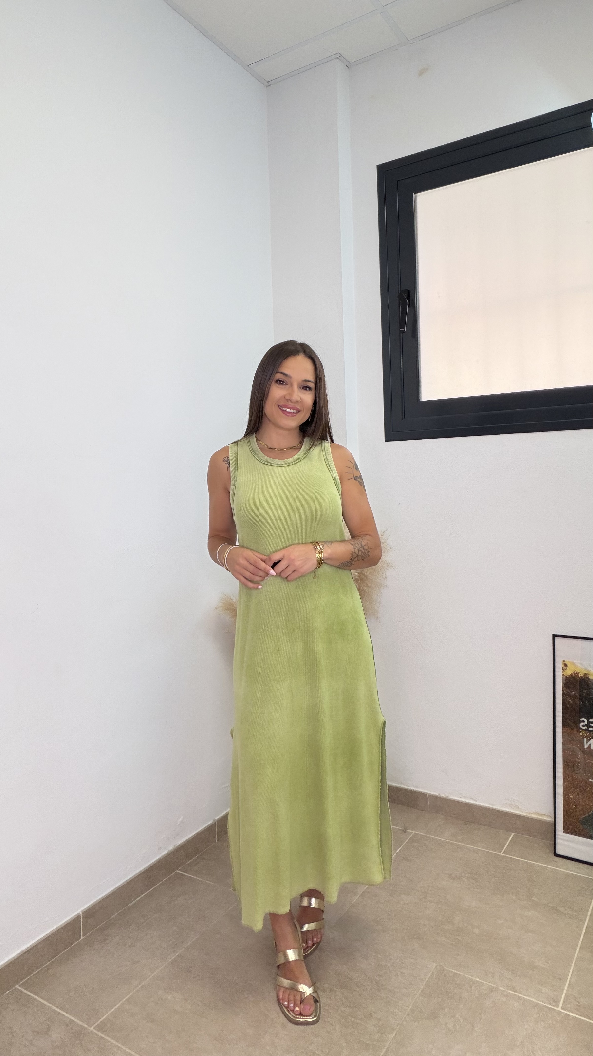 Vestido algodón efecto lavado - Verde manzana - Imagen 5