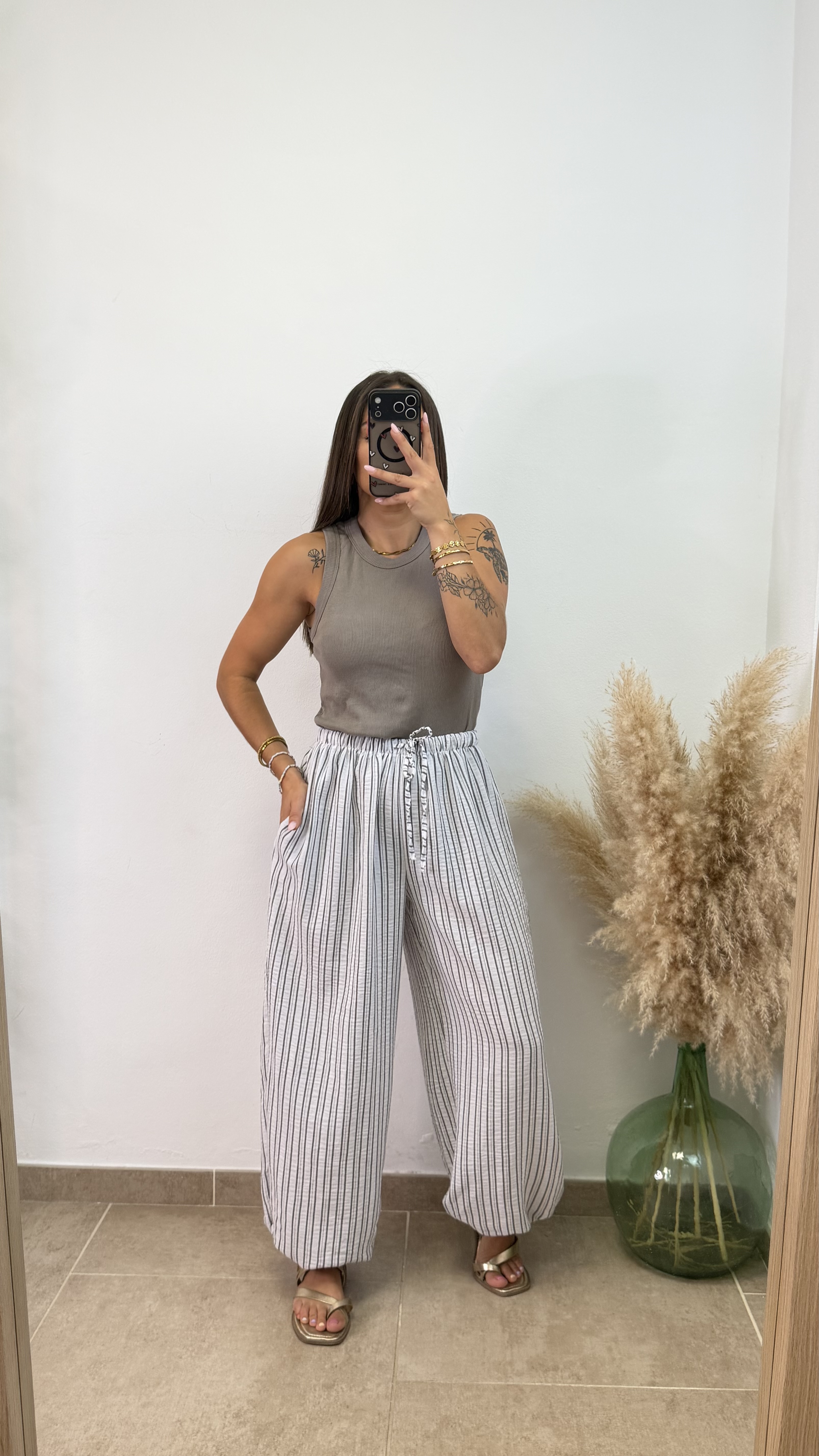Pantalón puño viscosa rayas - Blanco - Imagen 2