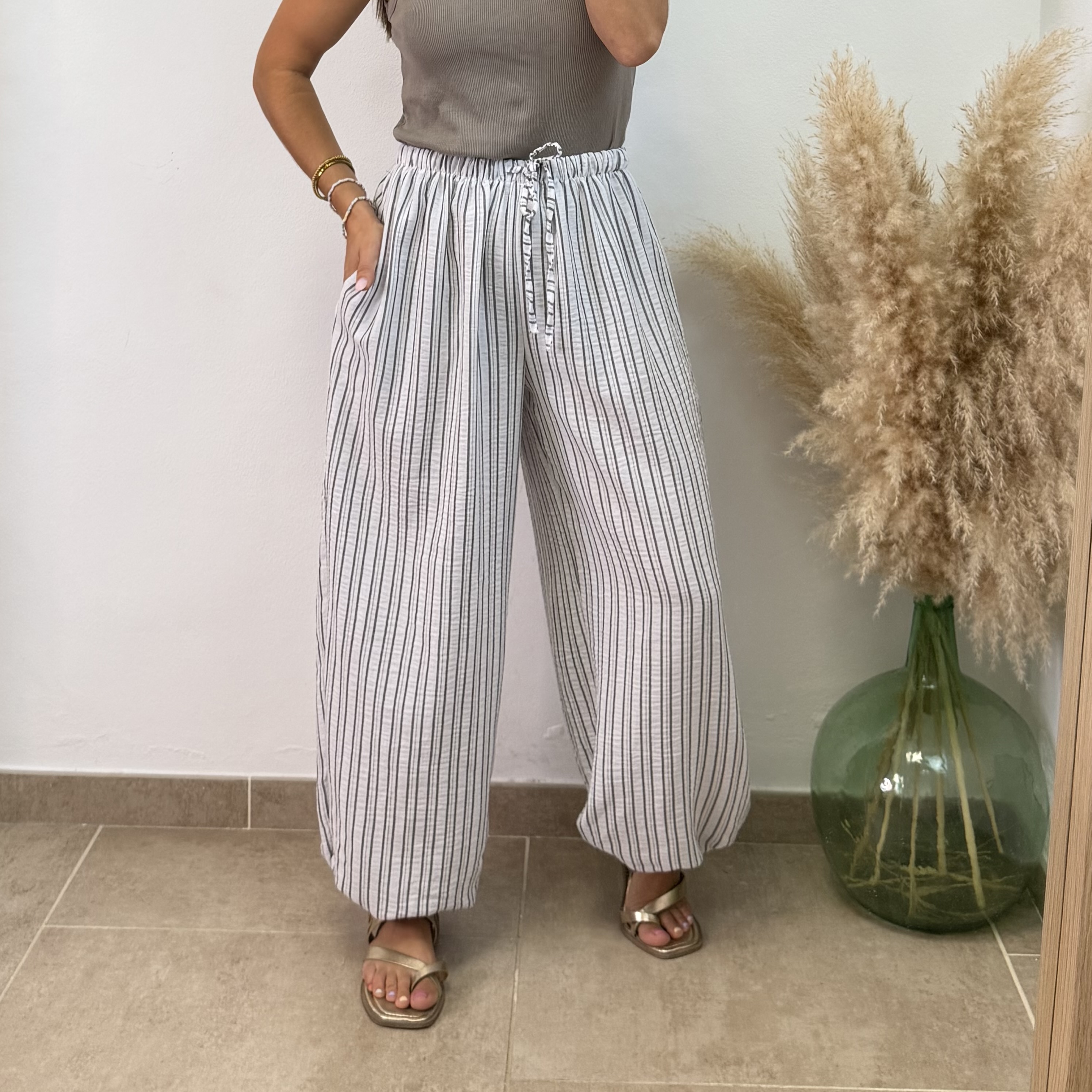 Pantalón puño viscosa rayas - Blanco