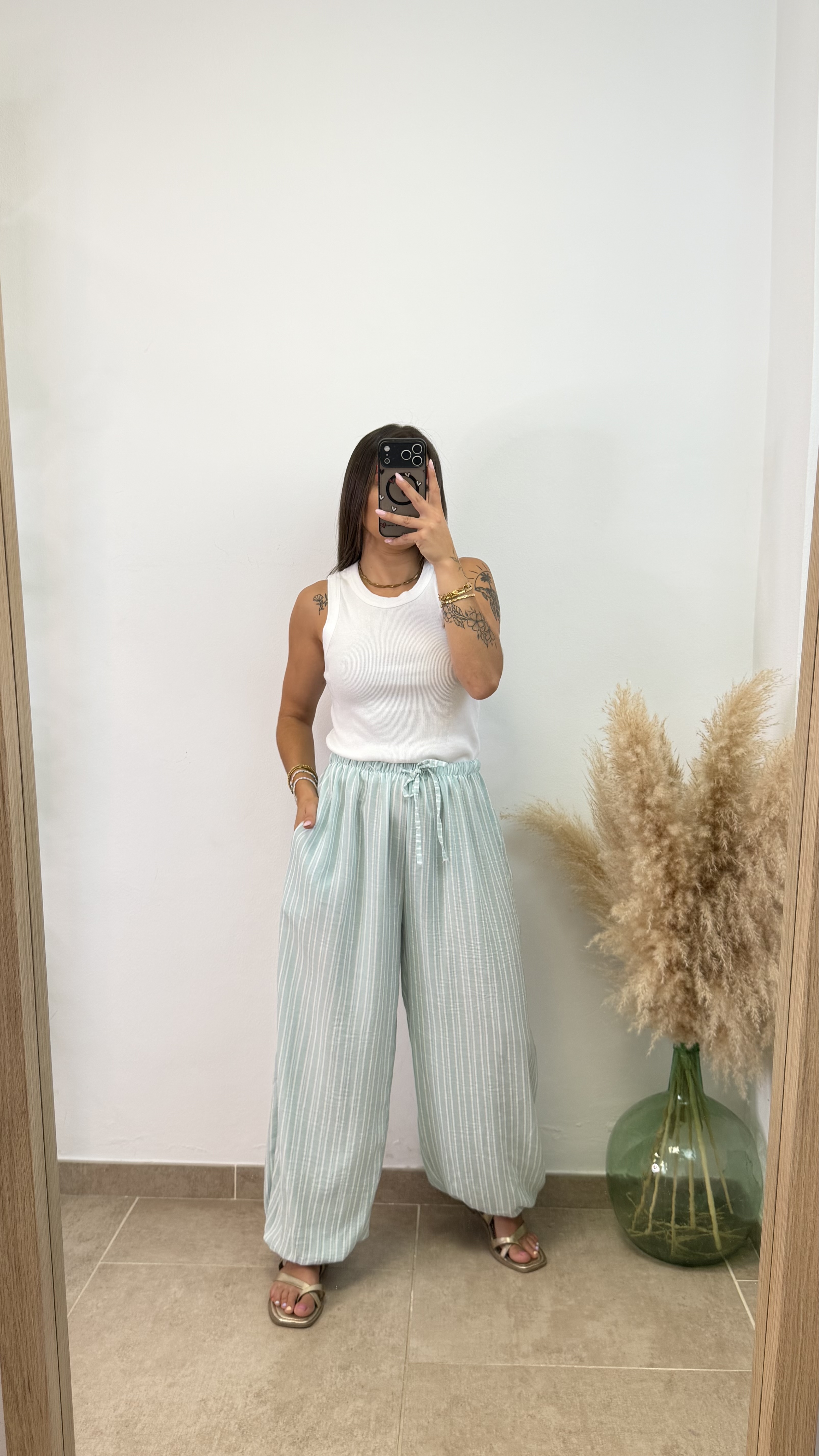 Pantalón puño viscosa rayas - Verde agua - Imagen 2