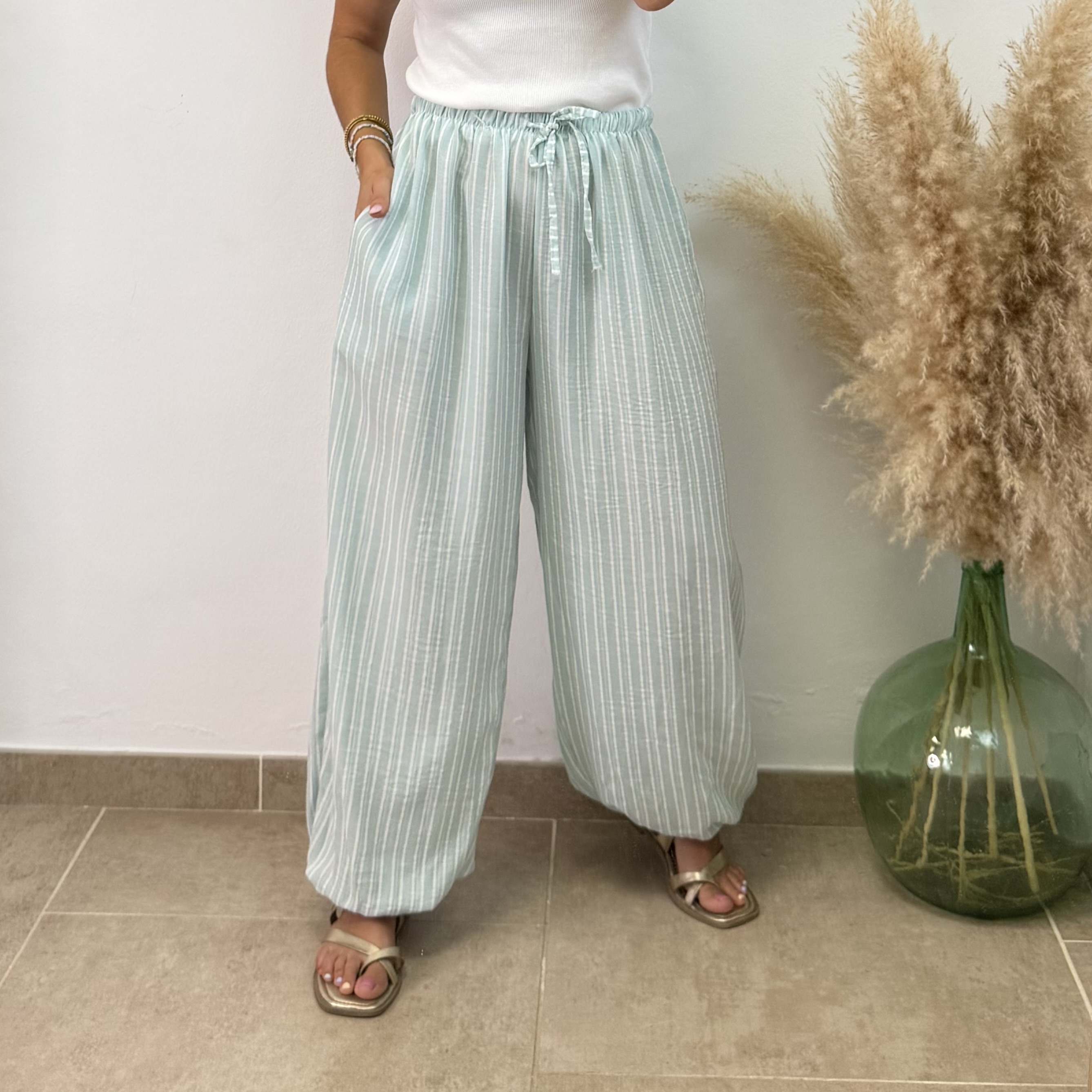 Pantalón puño viscosa rayas - Verde agua
