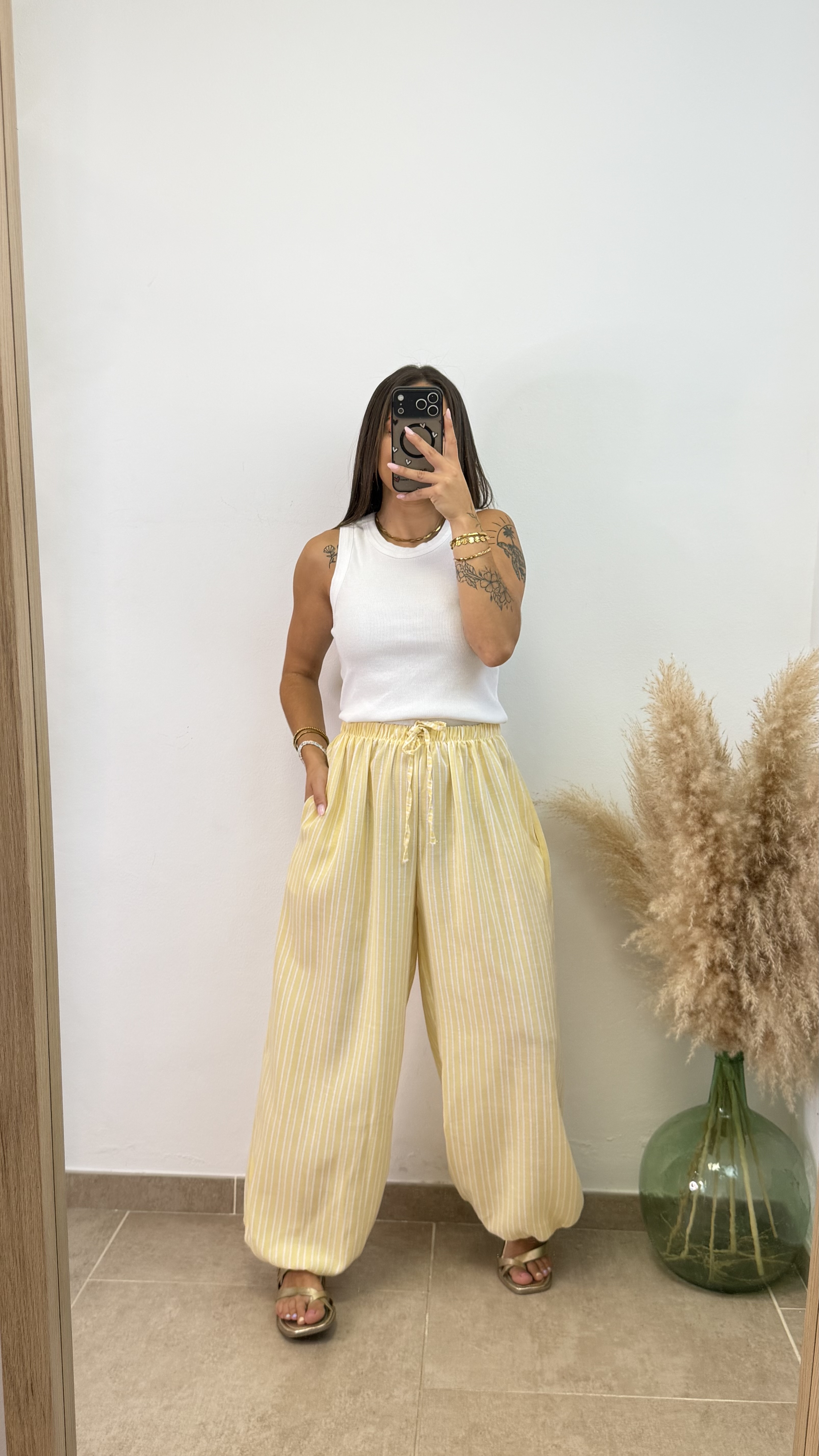 Pantalón puño viscosa rayas - Amarillo - Imagen 2