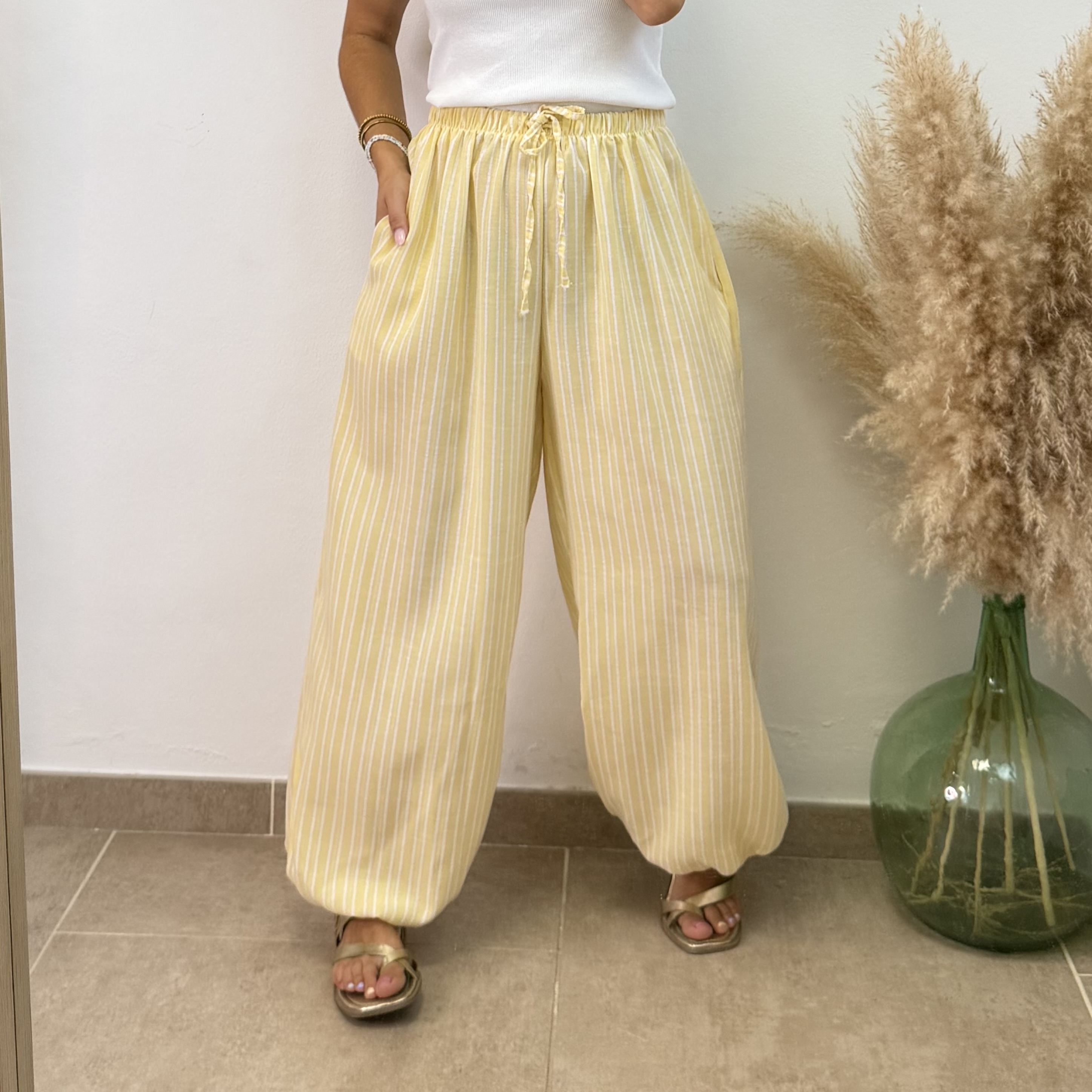 Pantalón puño viscosa rayas - Amarillo