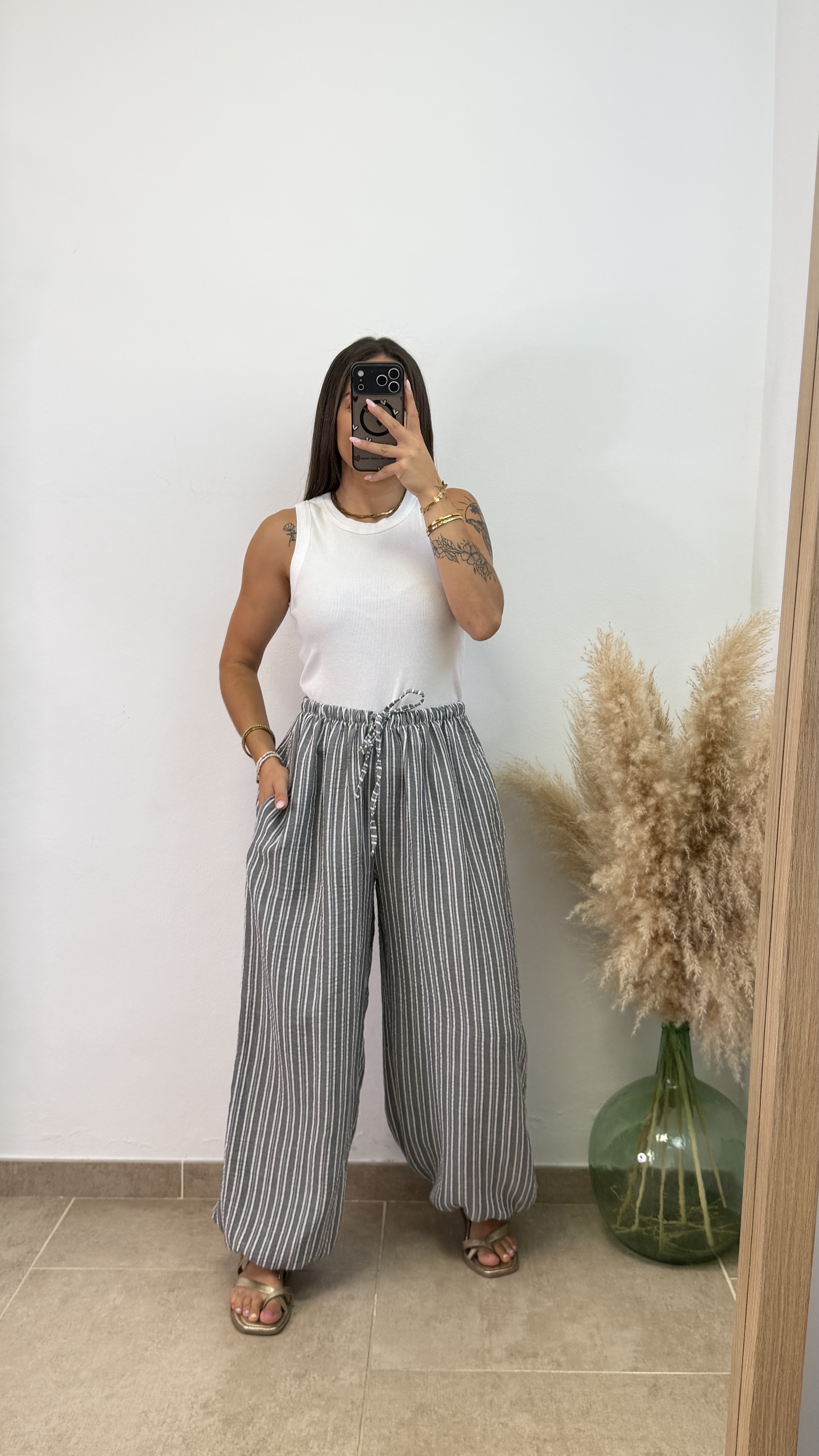 Pantalón puño viscosa rayas - Gris - Imagen 2