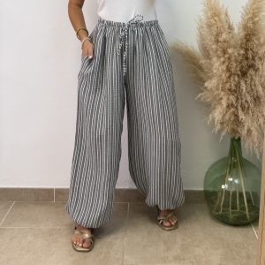 Pantalón puño viscosa rayas - Gris