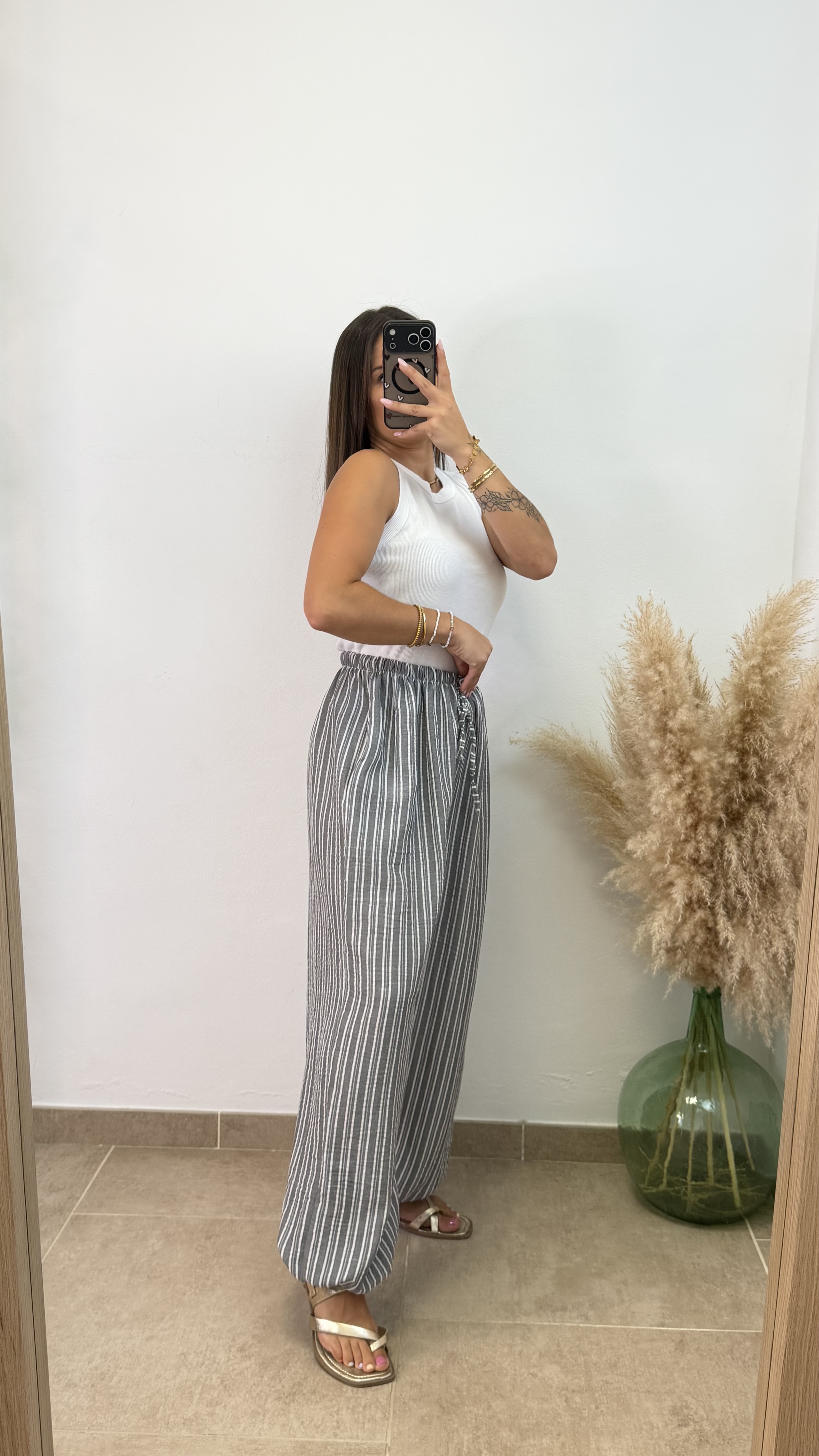 Pantalón puño viscosa rayas - Gris - Imagen 3